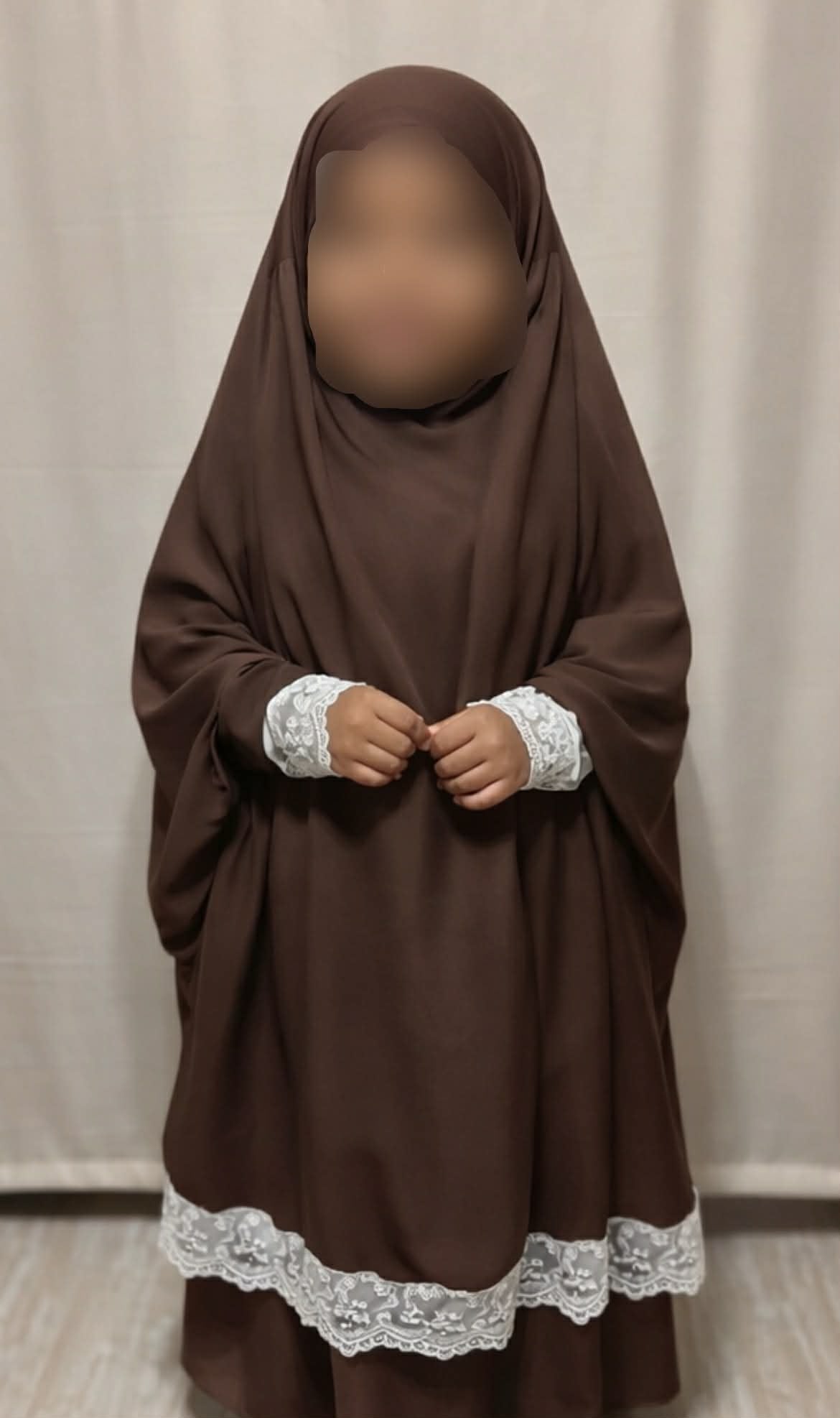Amani Kids Lace Jilbab Set, Two piece Jilbab with skirt | Brown