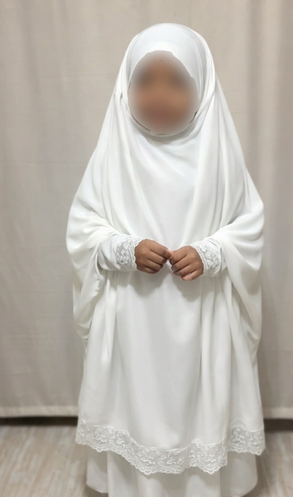 Amani Kids Lace Jilbab Set, Two piece Jilbab with skirt | White