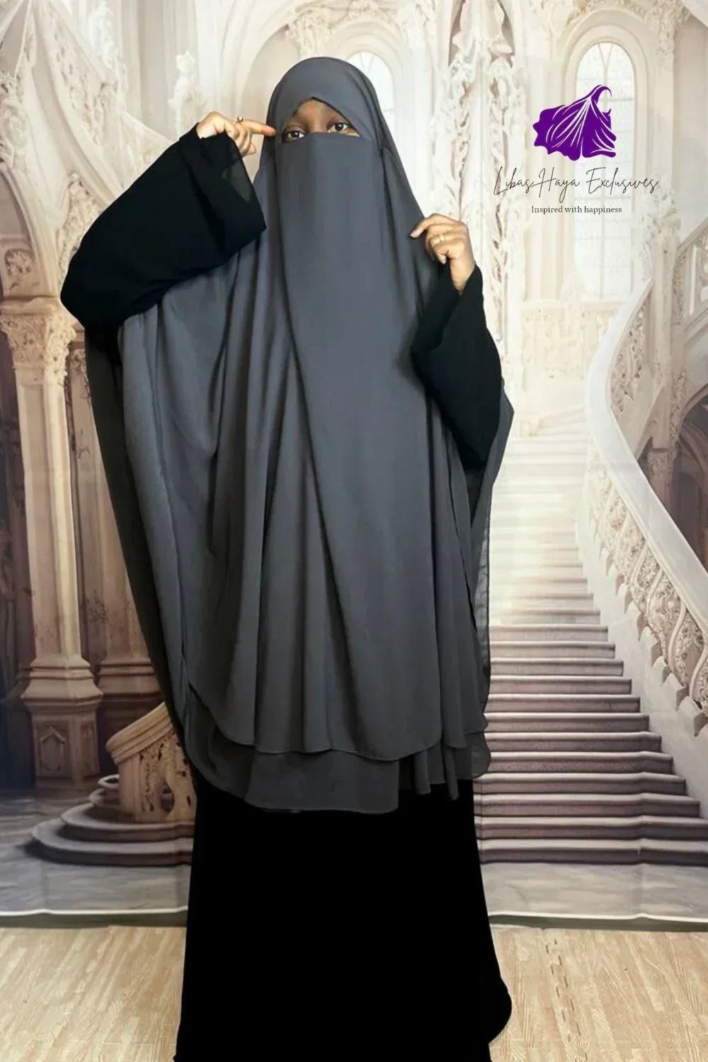 Khimar Long Double Voile Noir Jazz – Hijab Islamique Élégant Et Fluide, Couvrance Parfaite, AwraFirst
