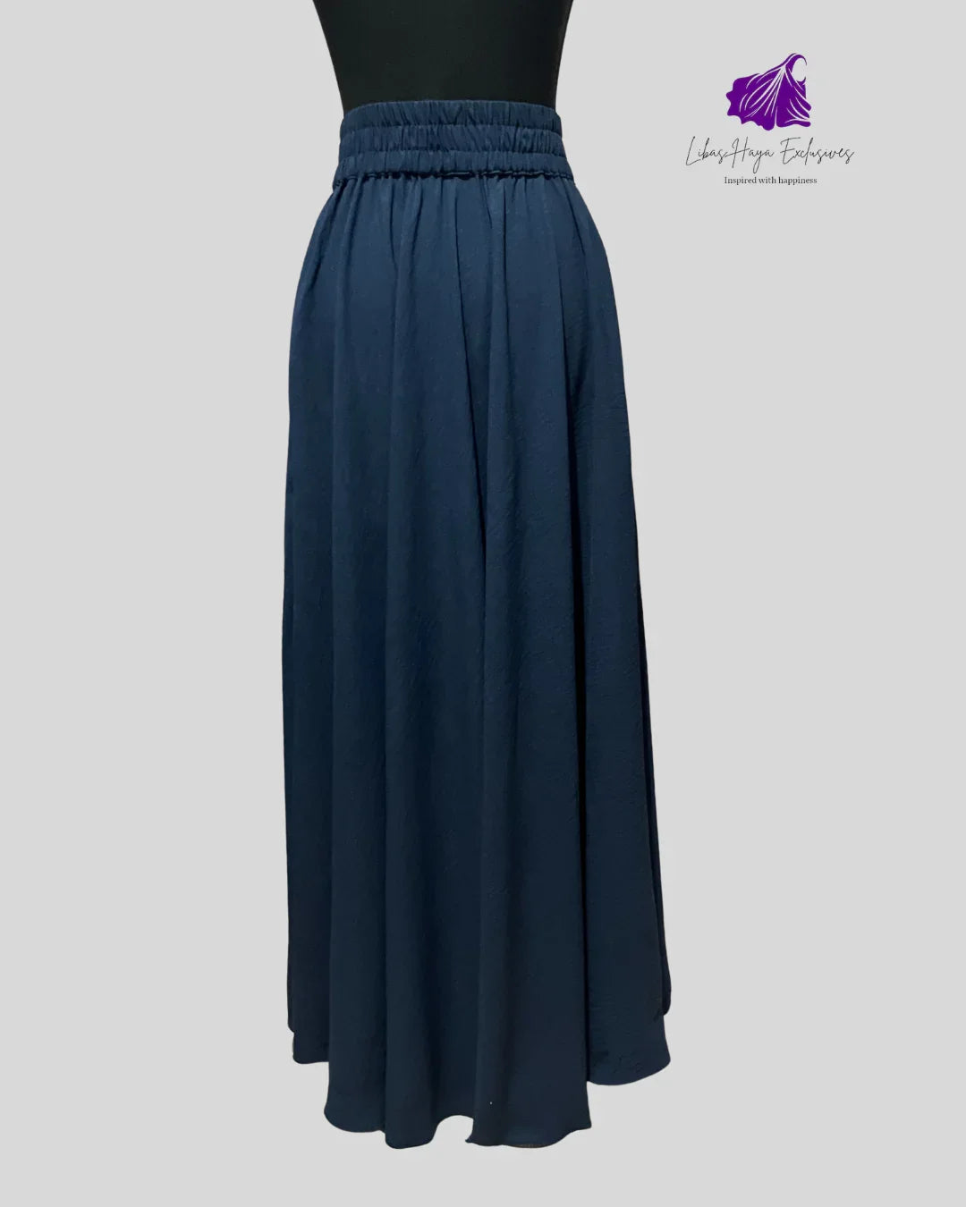  back of Navy blue skirt on a mannequin against a white background