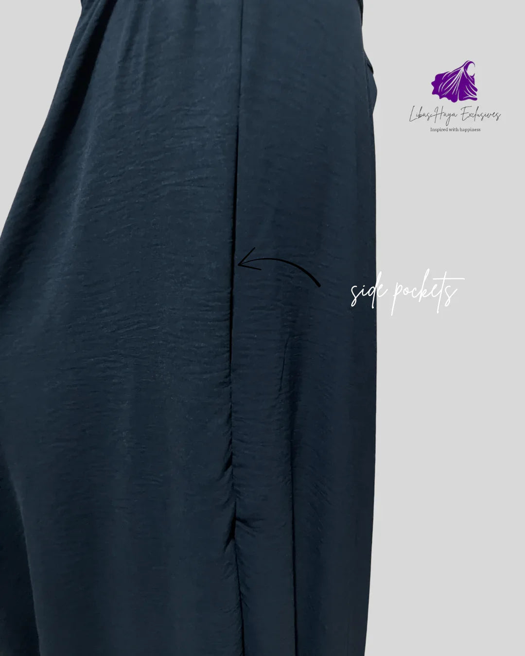 Navy blue skirt side view showing pockets 