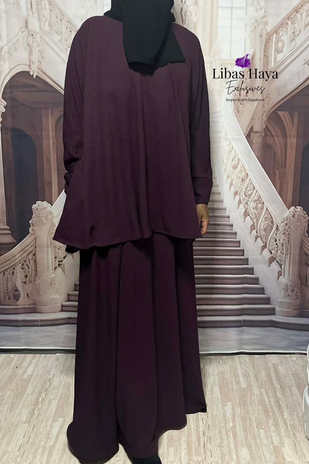Hiba Modest Blouse Flowy Layered Tunic Deep Plum