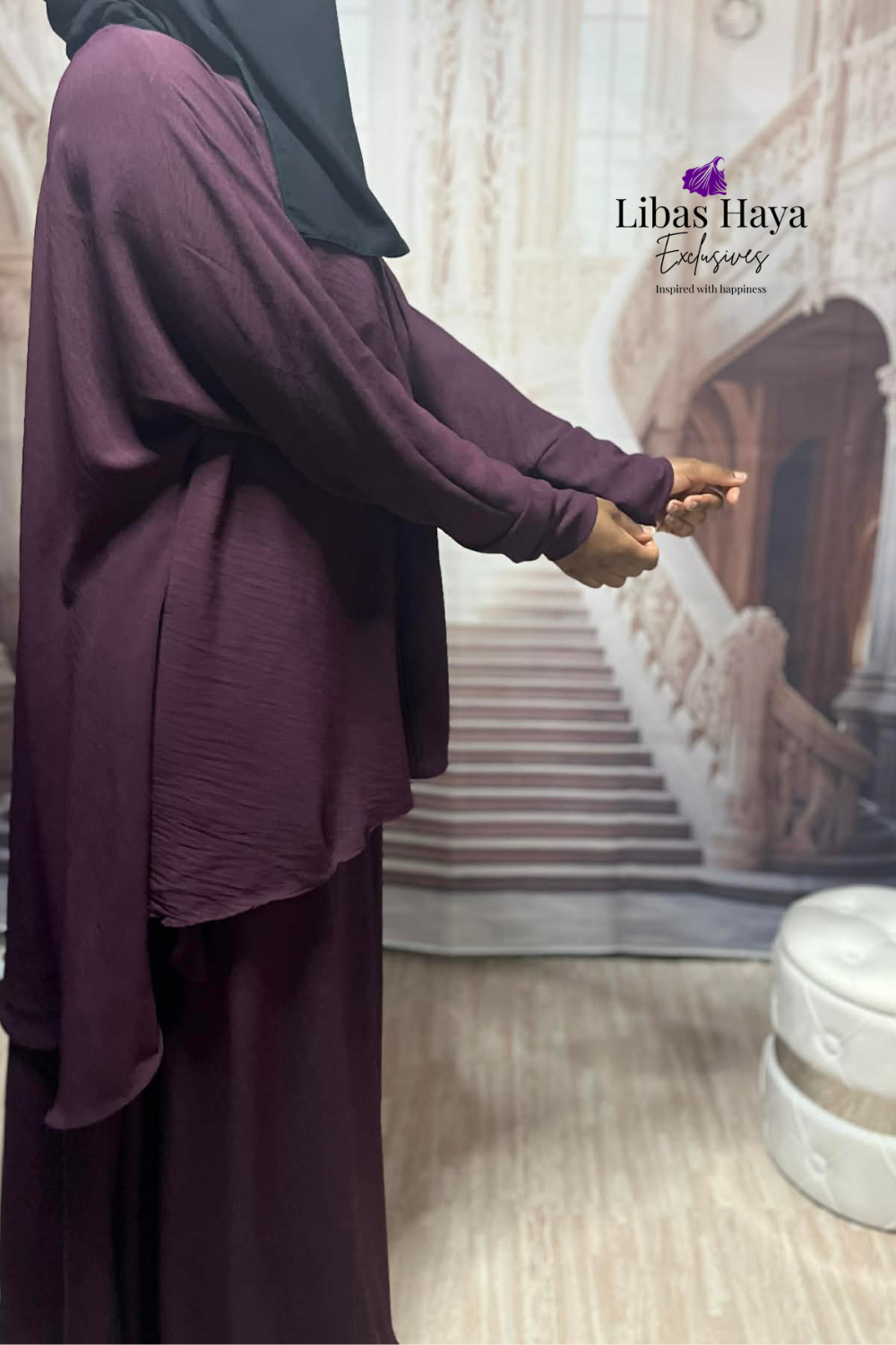 Hiba Modest Blouse Flowy Layered Tunic Deep Plum