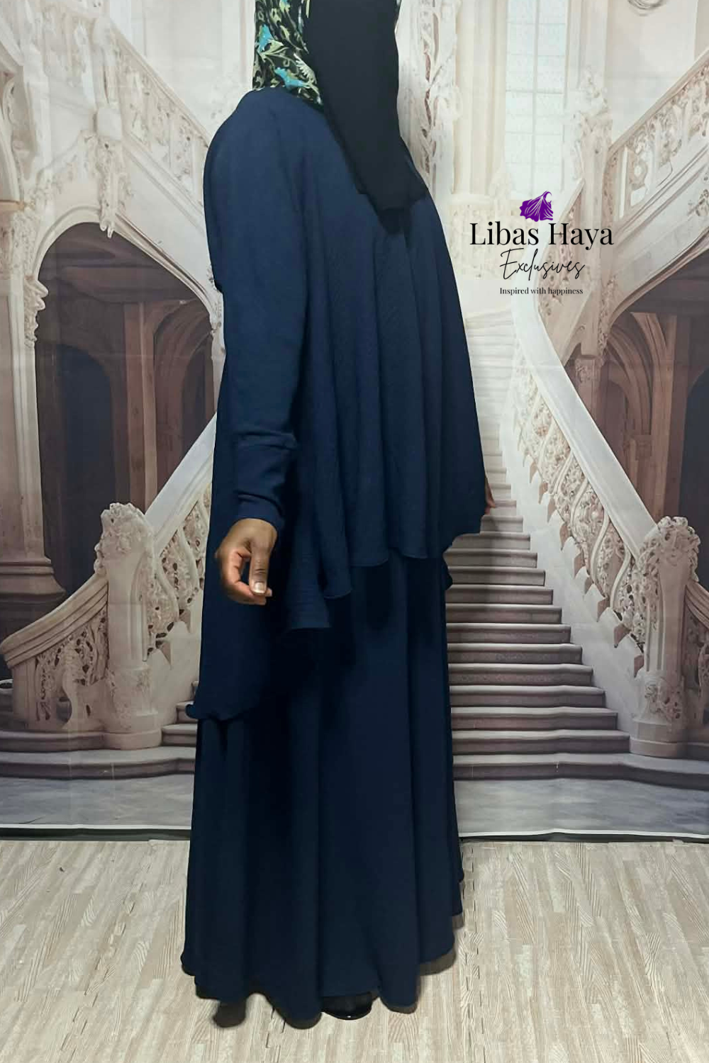 Hiba Modest Blouse Flowy Layered Tunic Navy