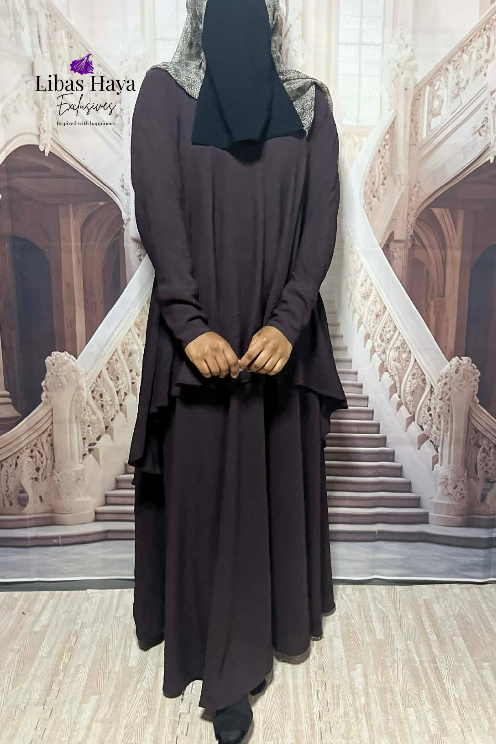 Hiba Modest Blouse Flowy Layered Tunic Dark Brown