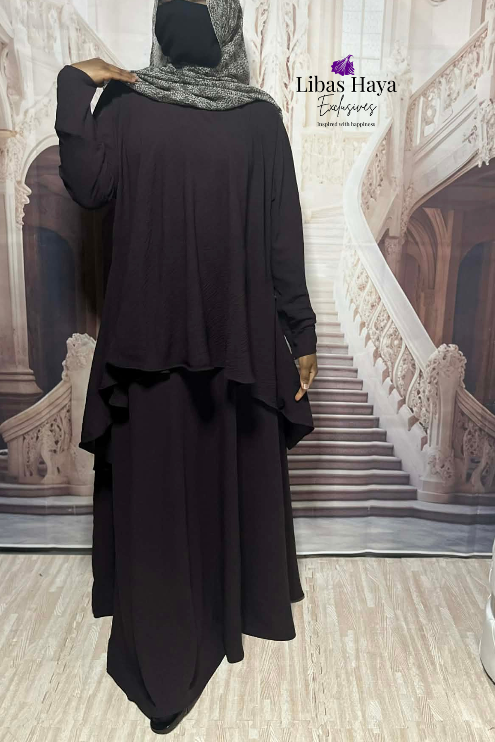 Hiba Modest Blouse Flowy Layered Tunic Dark Brown