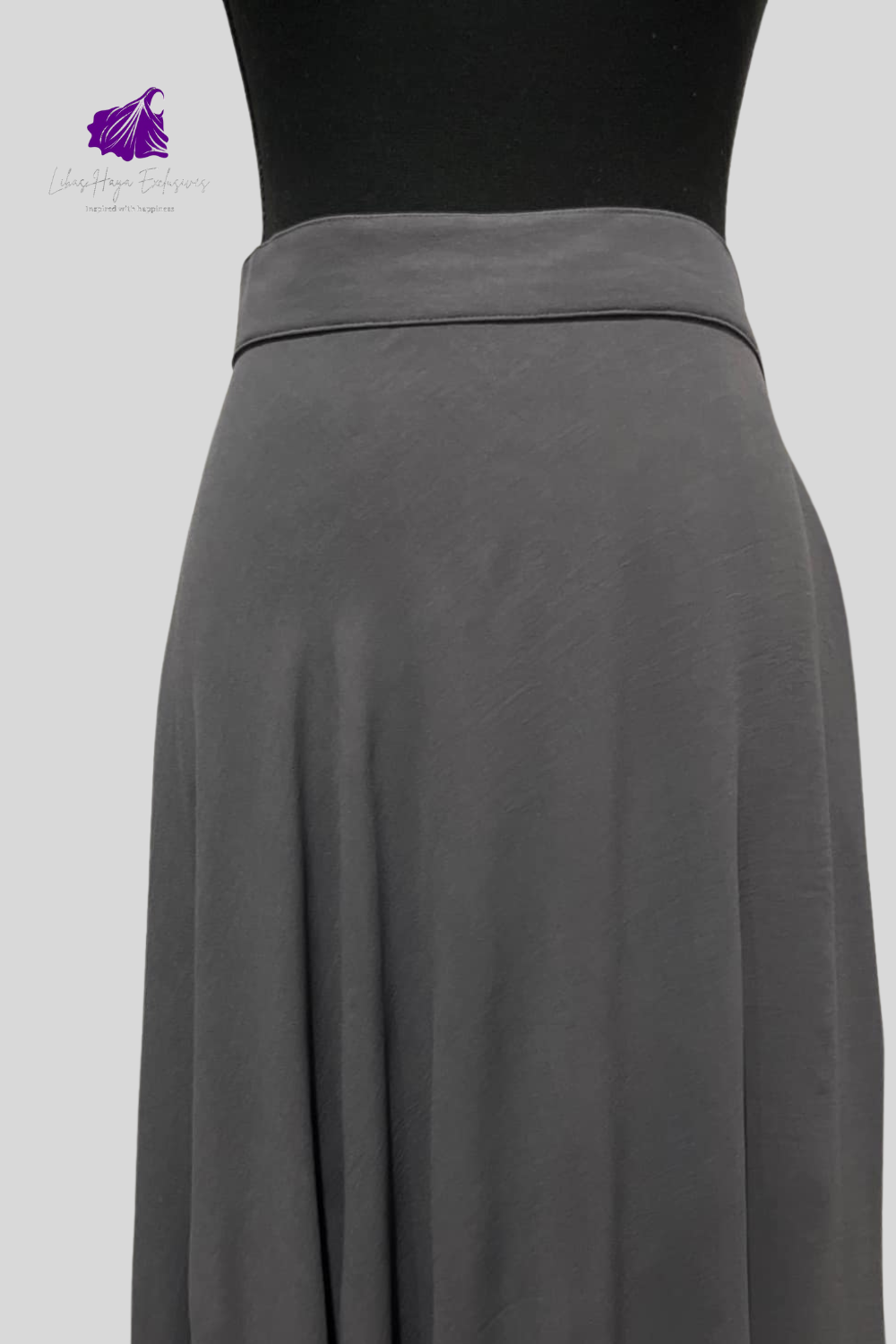 front waist band of hiba high waist maxi skirt from libas haya exclusves in grey