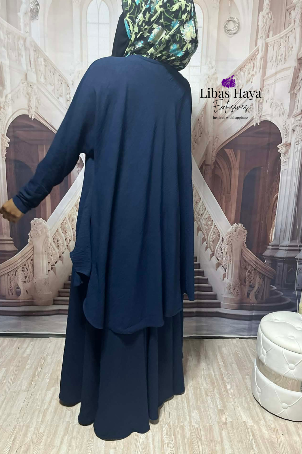 Hiba Modest Blouse Flowy Layered Tunic Navy