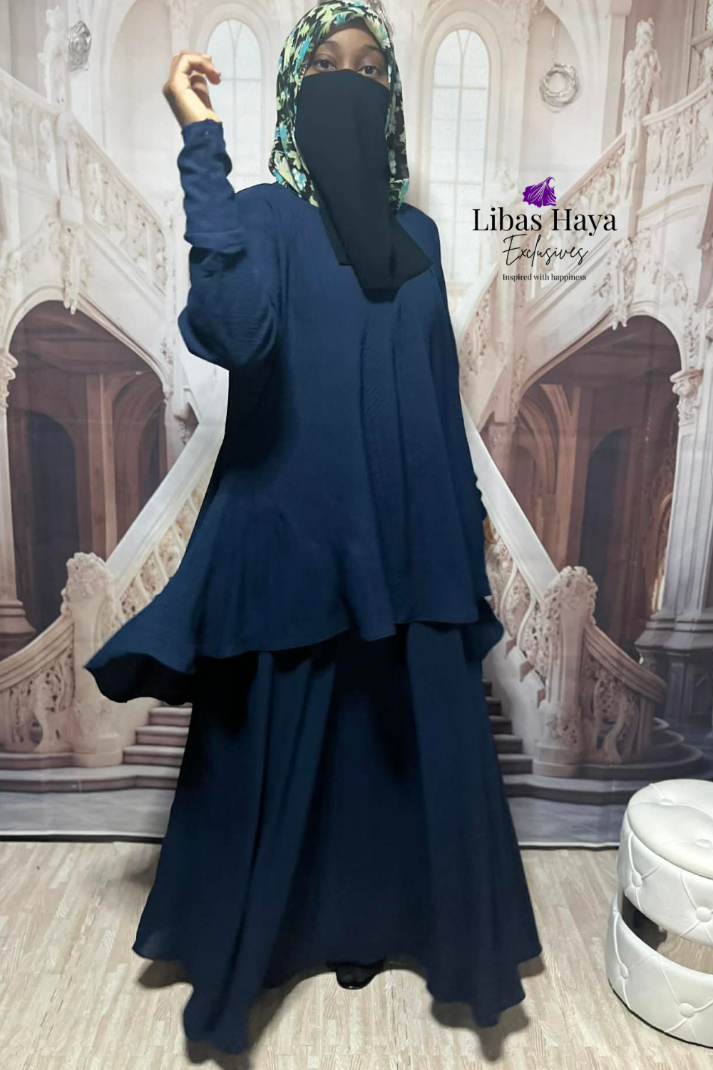 Hiba Modest Blouse Flowy Layered Tunic Navy