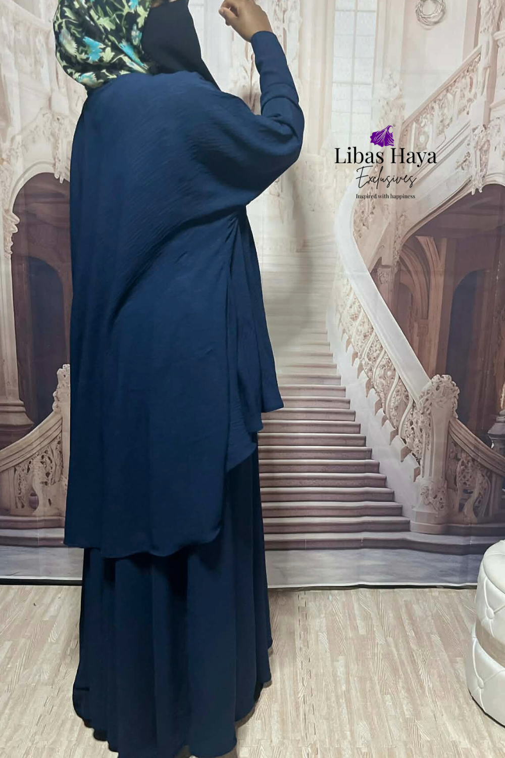 Hiba Modest Blouse Flowy Layered Tunic Navy