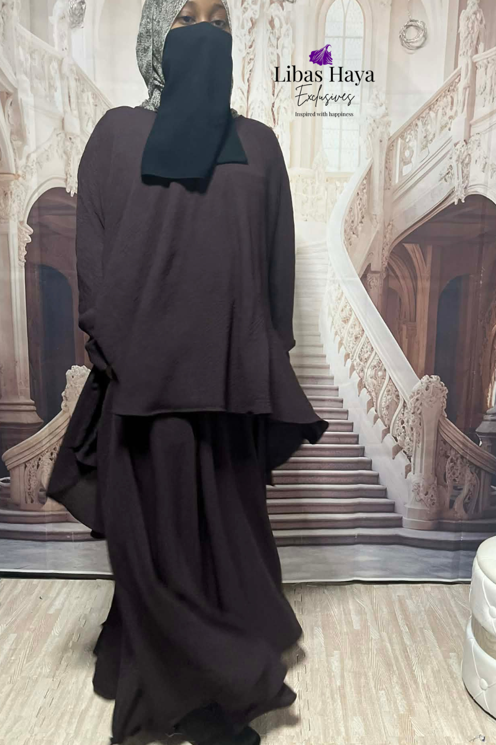 Hiba Modest Blouse Flowy Layered Tunic Dark Brown
