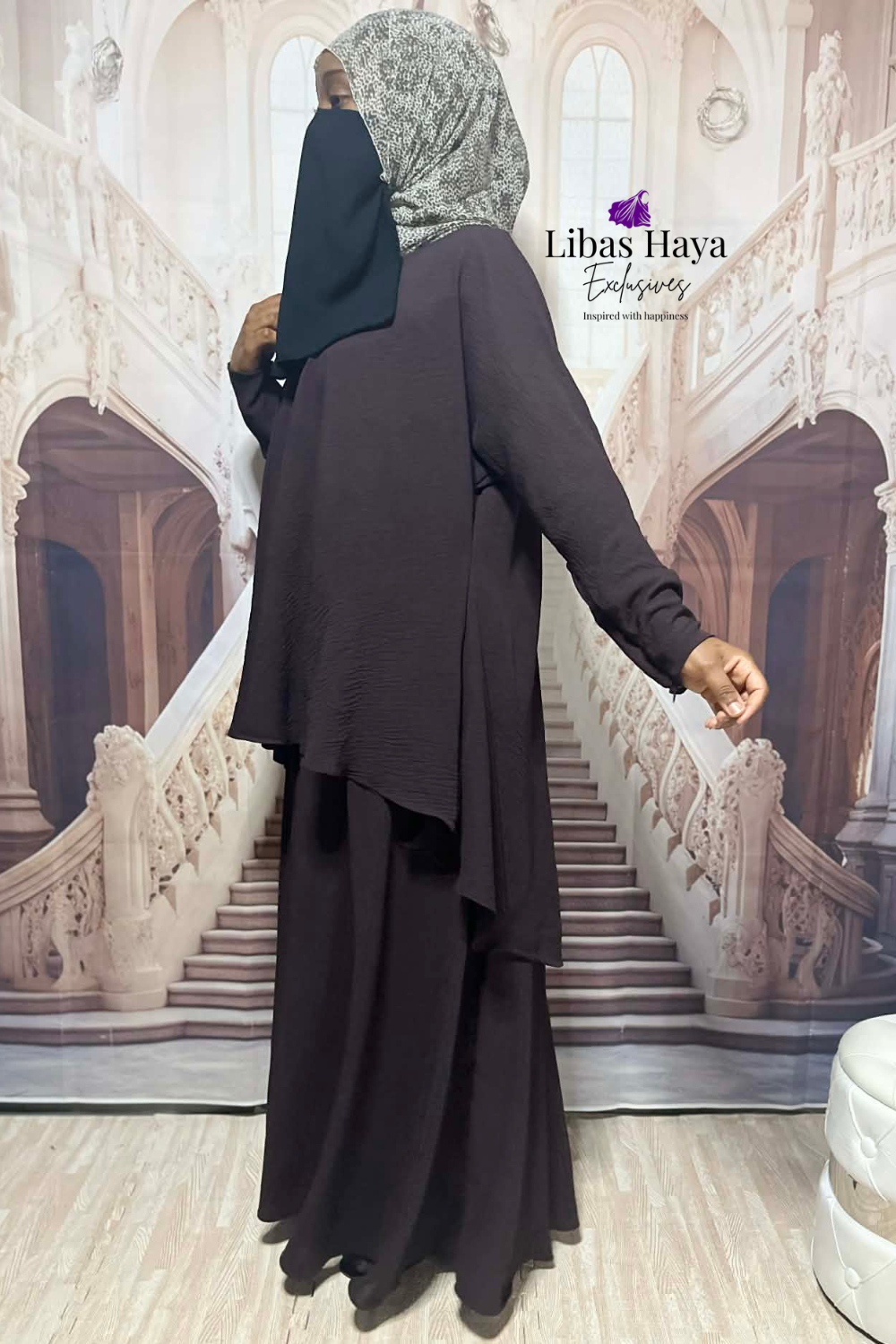 Hiba Modest Blouse Flowy Layered Tunic Dark Brown