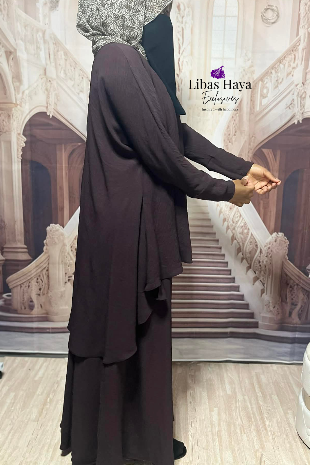 Hiba Modest Blouse Flowy Layered Tunic Dark Brown