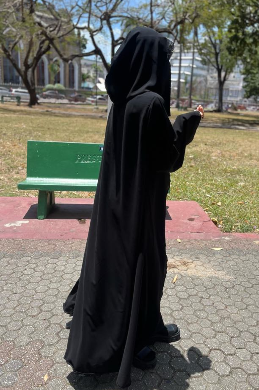 back of the layan hooded lace abaya