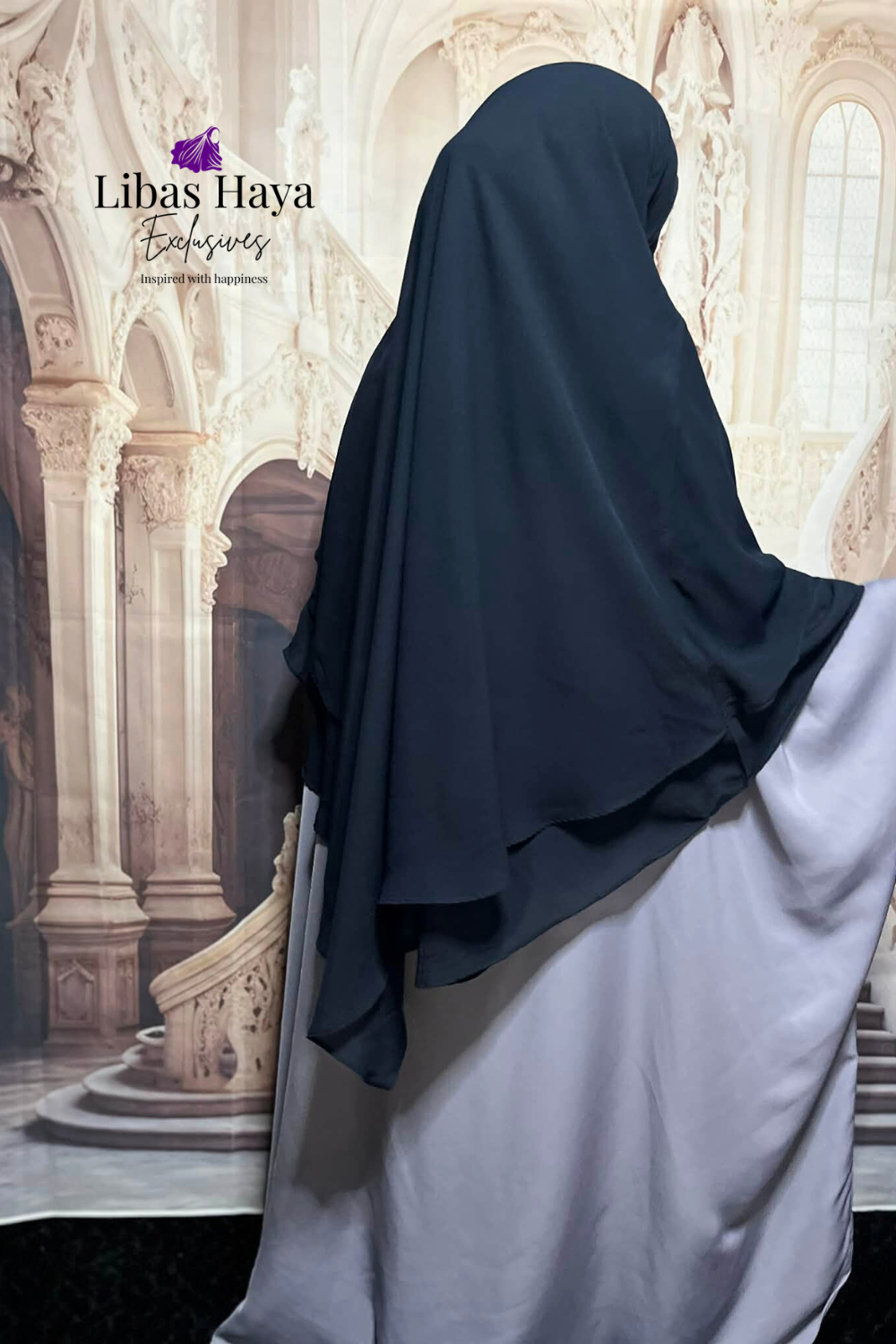 Khimar, Navy Two layer Diamond Cut Khimar with Built in Niqab| Premium Chiffon| Adjustable Tie Back-