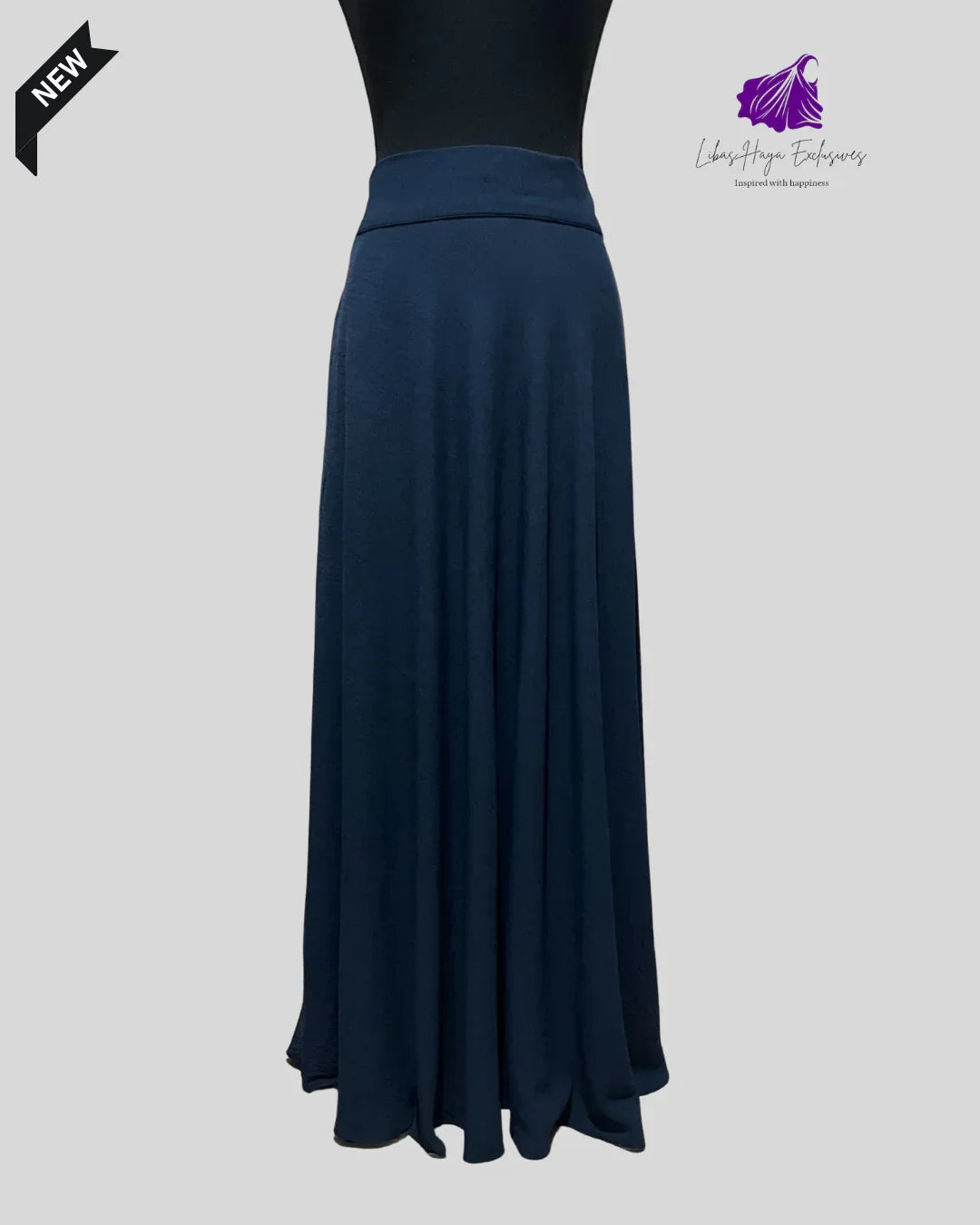 Navy blue  maxi skirt on a white background with a brand logo in the corner.