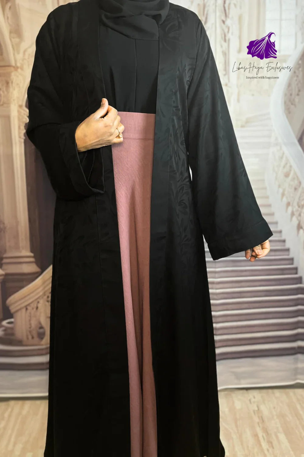 Abaya-Shahad Jacquard Open Abaya- formal Abaya with Matching Shayla. - Libas-Haya Exclusives