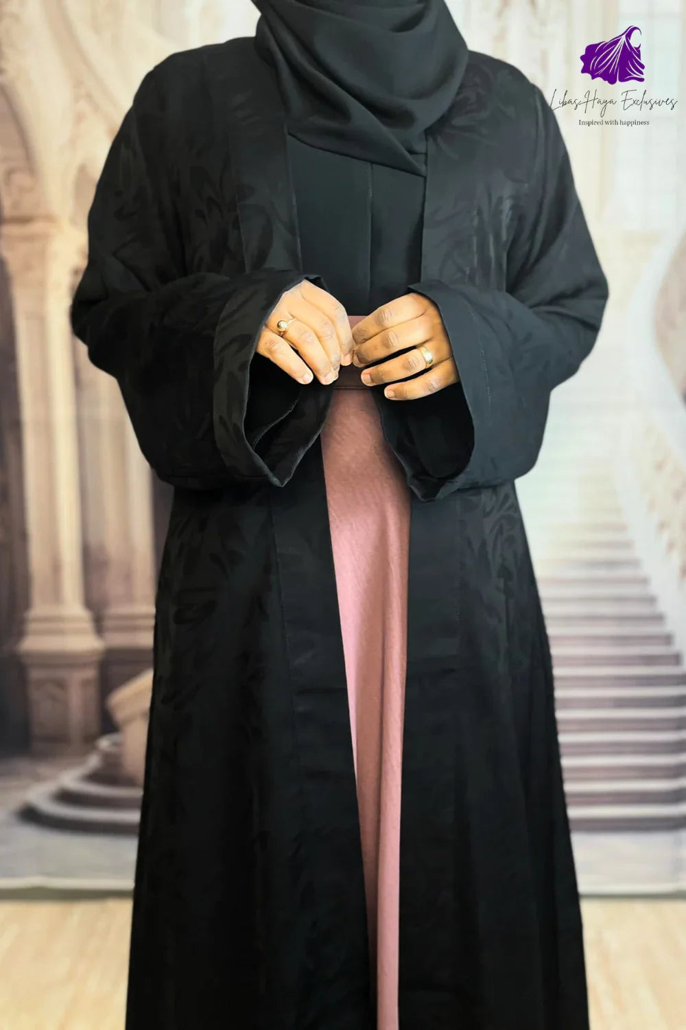 Abaya-Shahad Jacquard Open Abaya- formal Abaya with Matching Shayla. - Libas-Haya Exclusives