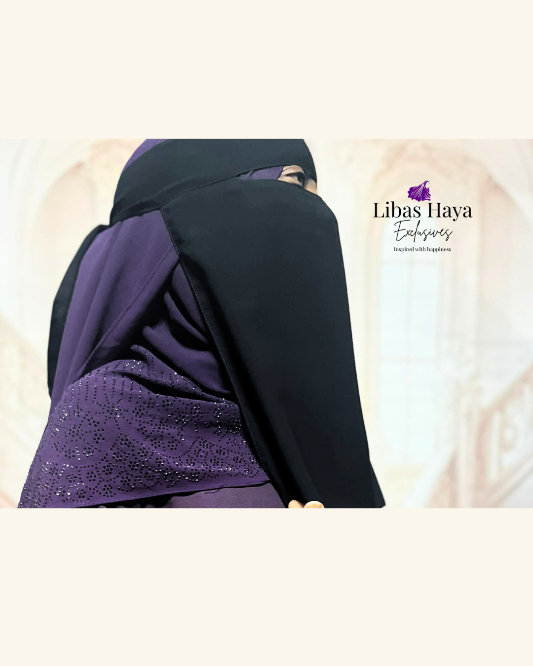 Person wearing a black niqab  with 'Libas Haya' Exclusives branding.