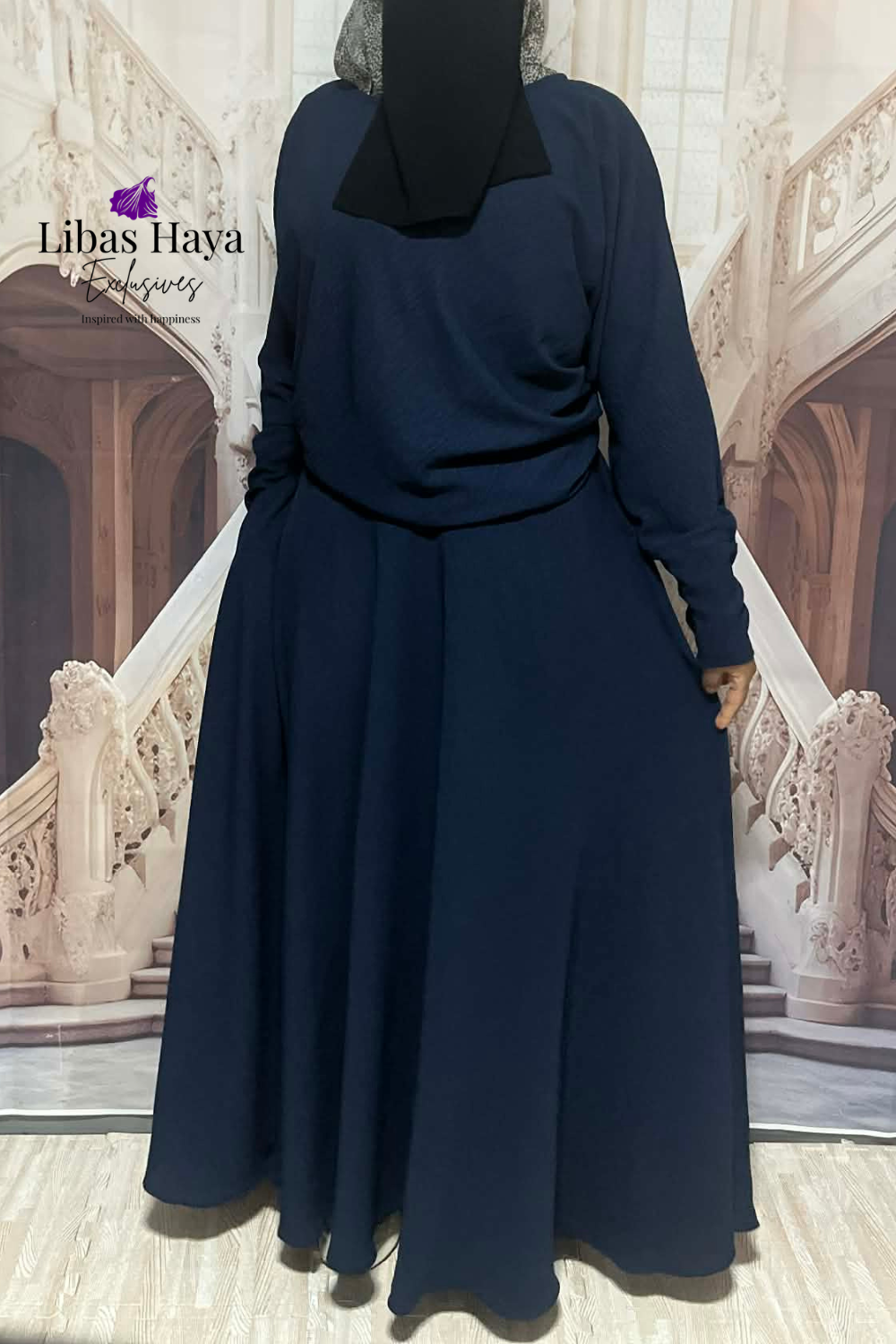 Hiba High Waist Maxi Skirt With Pockets-Modest Flowy Skirt Navy