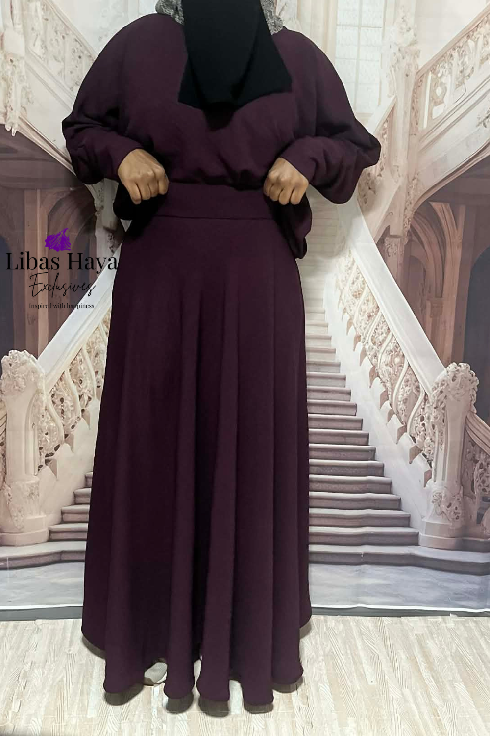 Hiba High Waist Maxi Skirt With Pockets-Modest Flowy Skirt Deep Plum