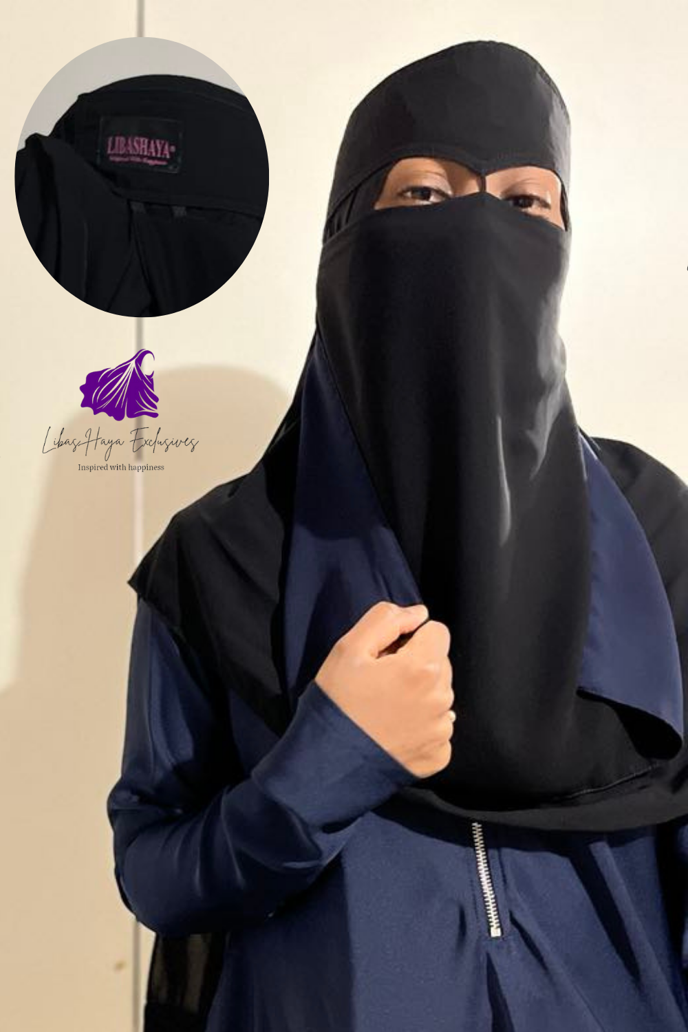 Niqab-Widow's Peak Reversible Niqab, Nose string Niqab-Black & Blue