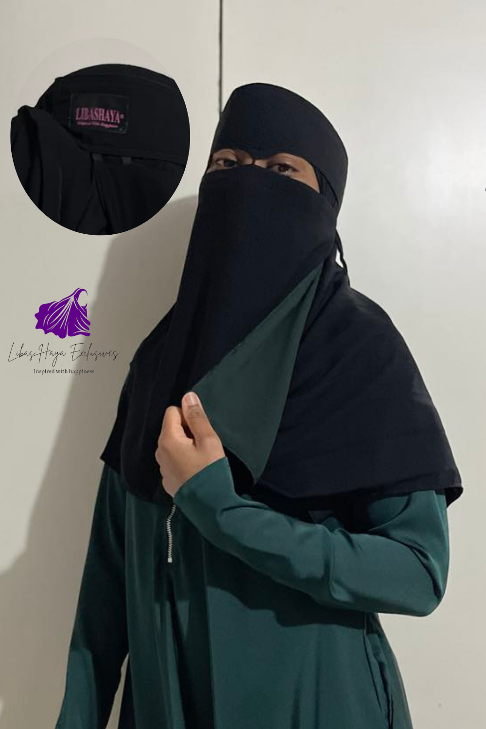 Niqab-Widow's Peak Reversible Niqab, Nose string Niqab-Black & Green