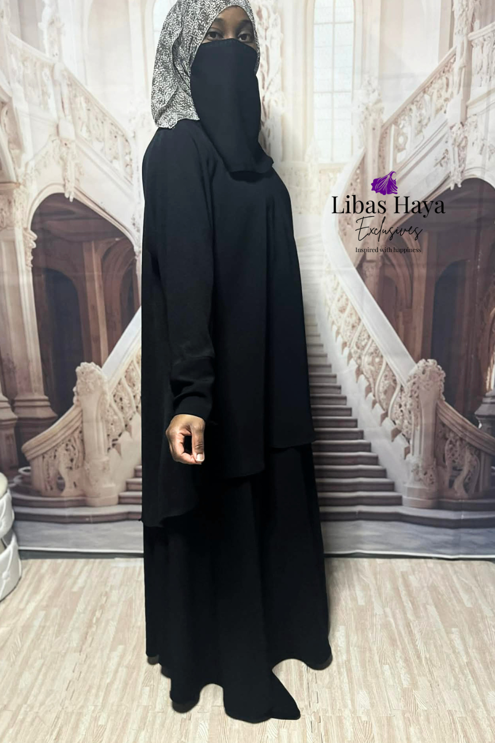 side View of Hiba Modest blouse in black
