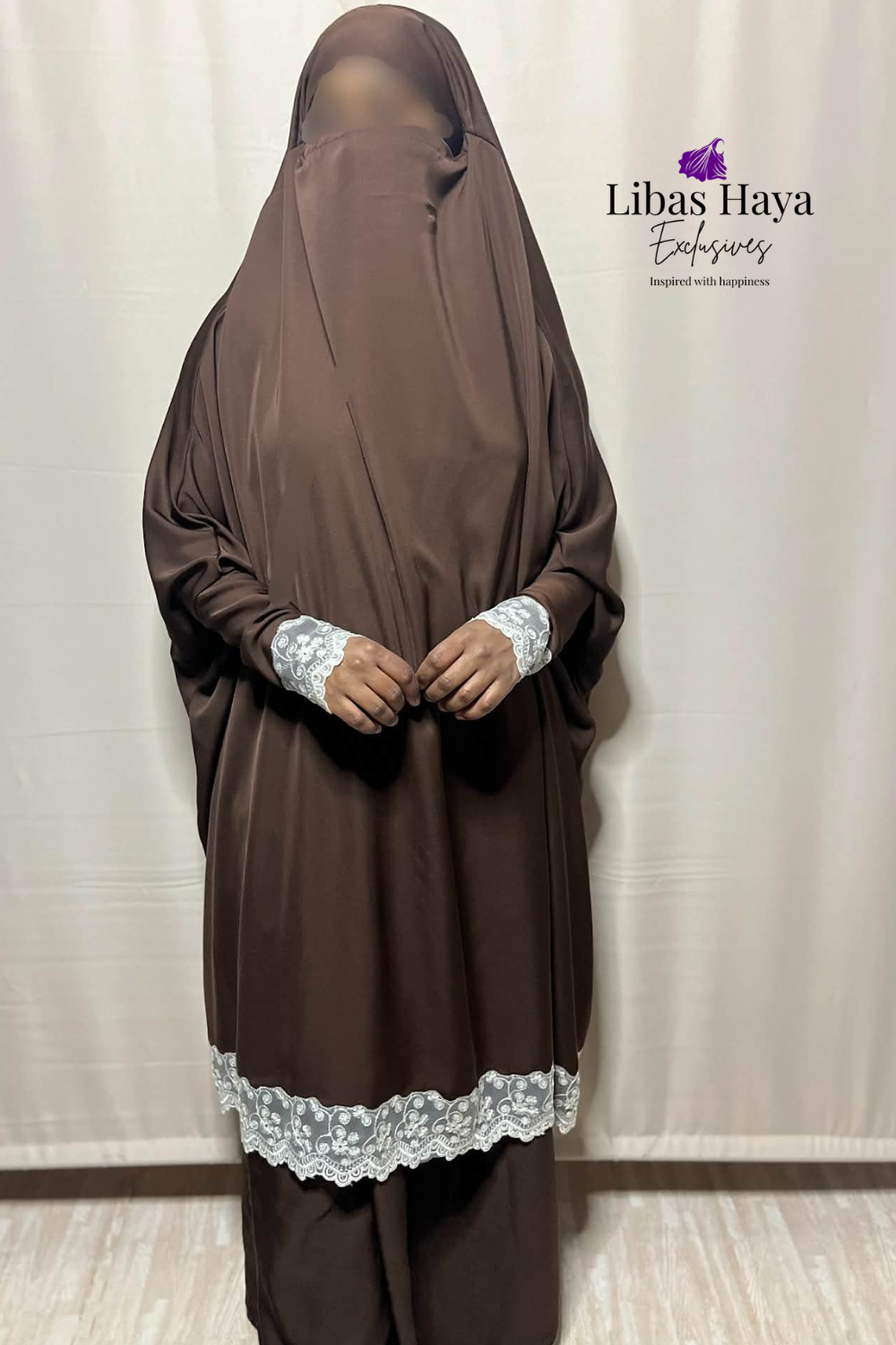 Brown two piece jilbab with lace details  featuring the brand 'Libas Haya exclusives