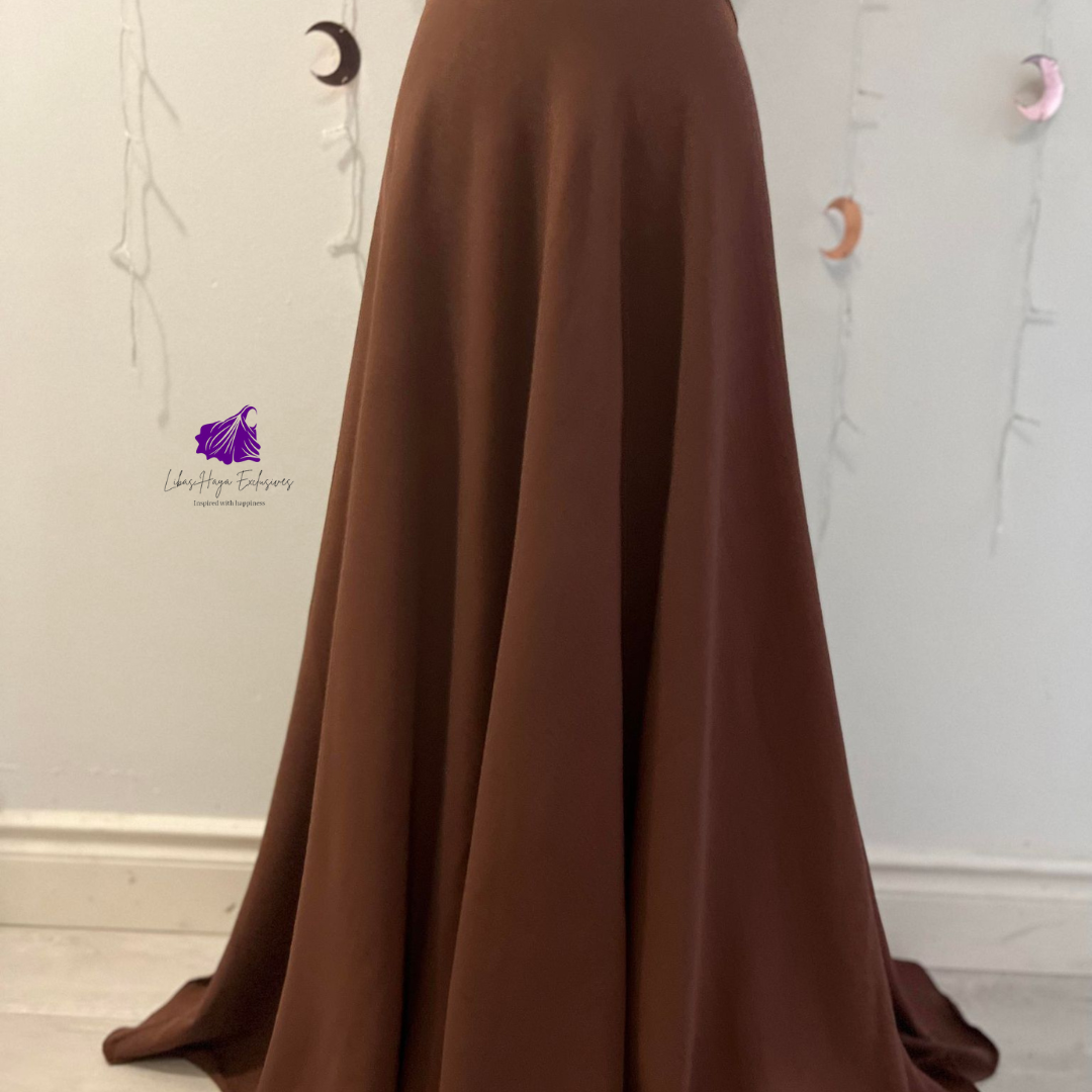 Hiba High Waist Skirt, Full Circle Crepe Skirt with elastic Band & Pockets-Brown