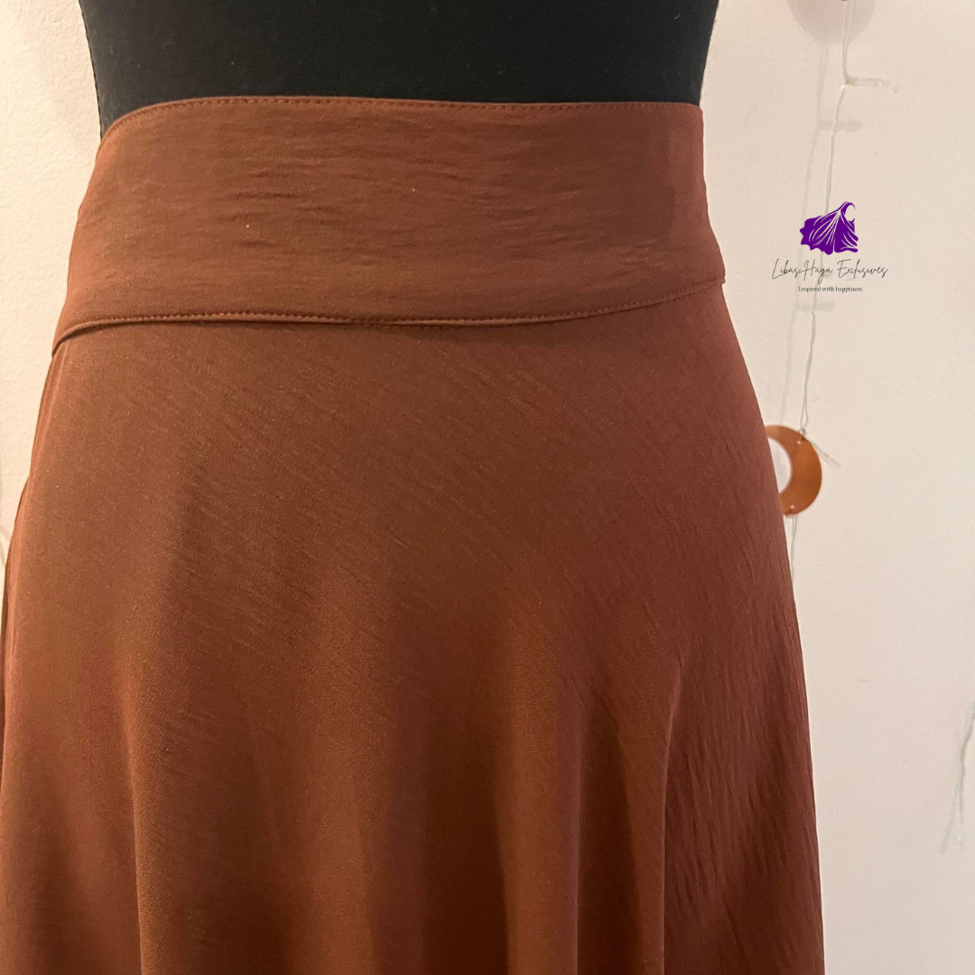 Hiba High Waist Skirt, Full Circle Crepe Skirt with elastic Band & Pockets-Brown (Ships to North America)