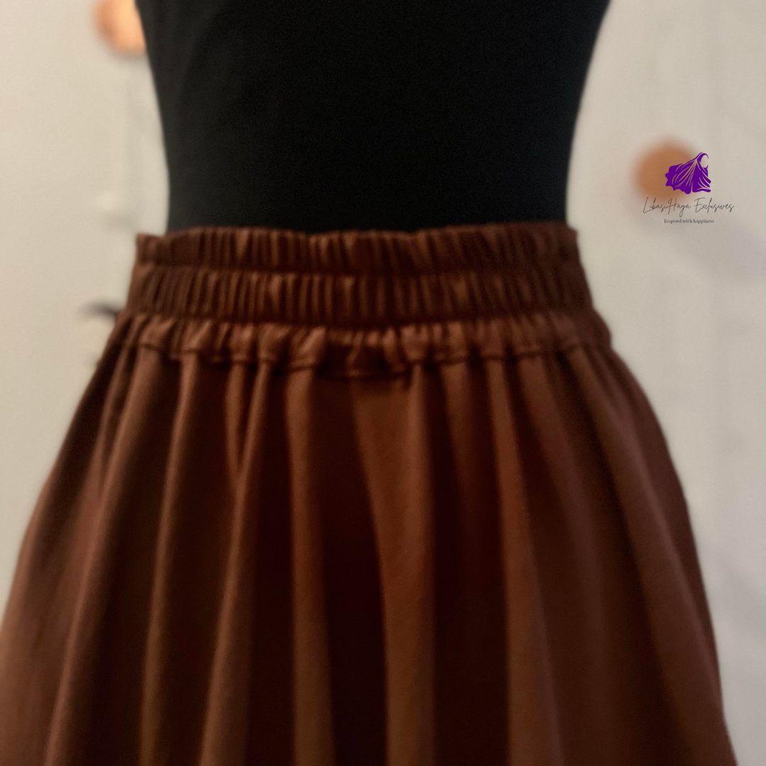 Hiba High Waist Skirt, Full Circle Crepe Skirt with elastic Band & Pockets-Brown (Ships to South America)