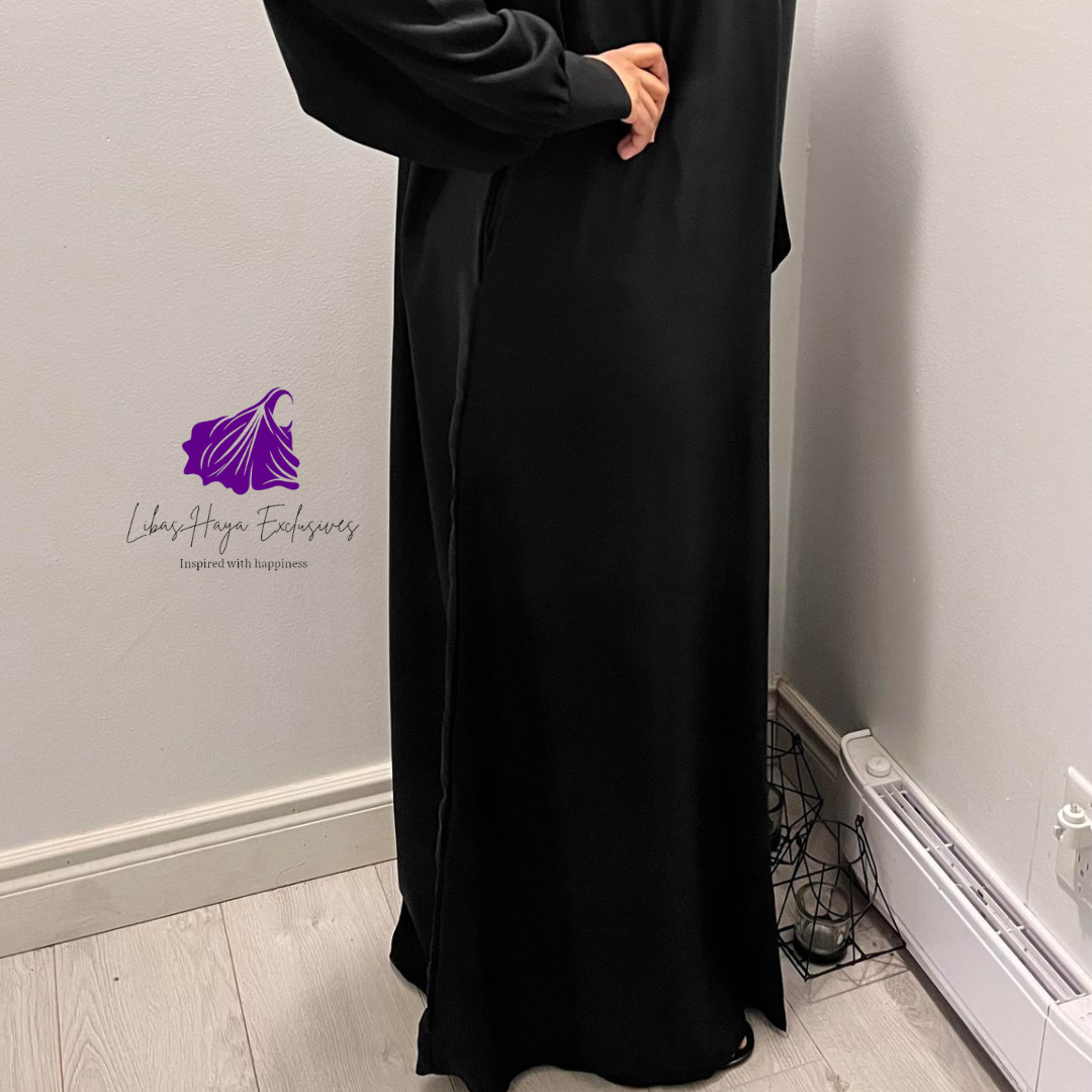 Abaya, Huda Uniform Abaya with gathered back and cuff sleeve in black.