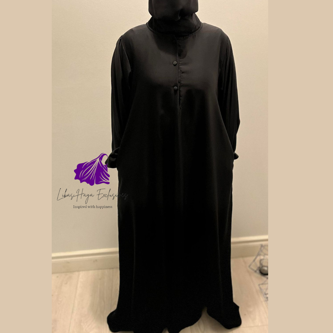 Abaya, Huda Uniform Abaya with gathered back and cuff sleeve in black (Ships to South America)