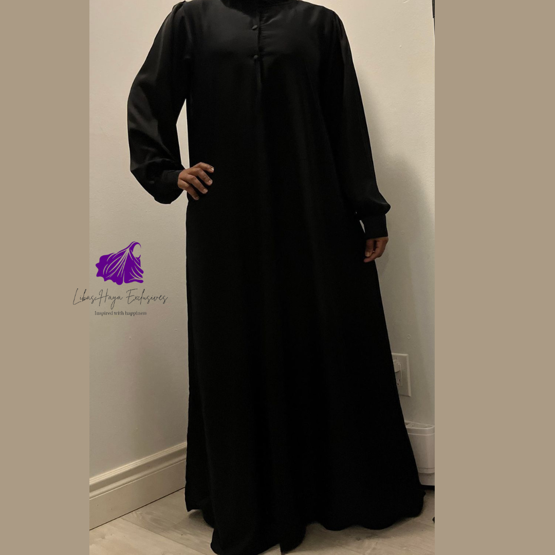 Abaya, Huda Uniform Abaya with gathered back and cuff sleeve in black (Ships to South America)