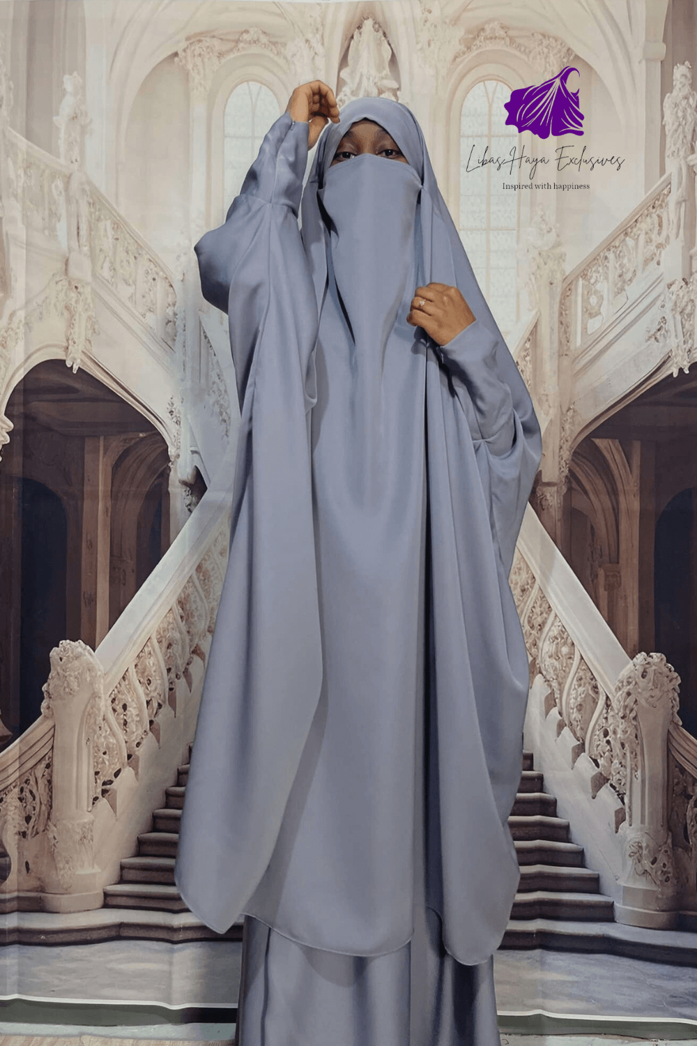 Jilbab, 2 Piece jilbab with Zipper Sleeves, French Jilbab with Skirt-Ash Gray