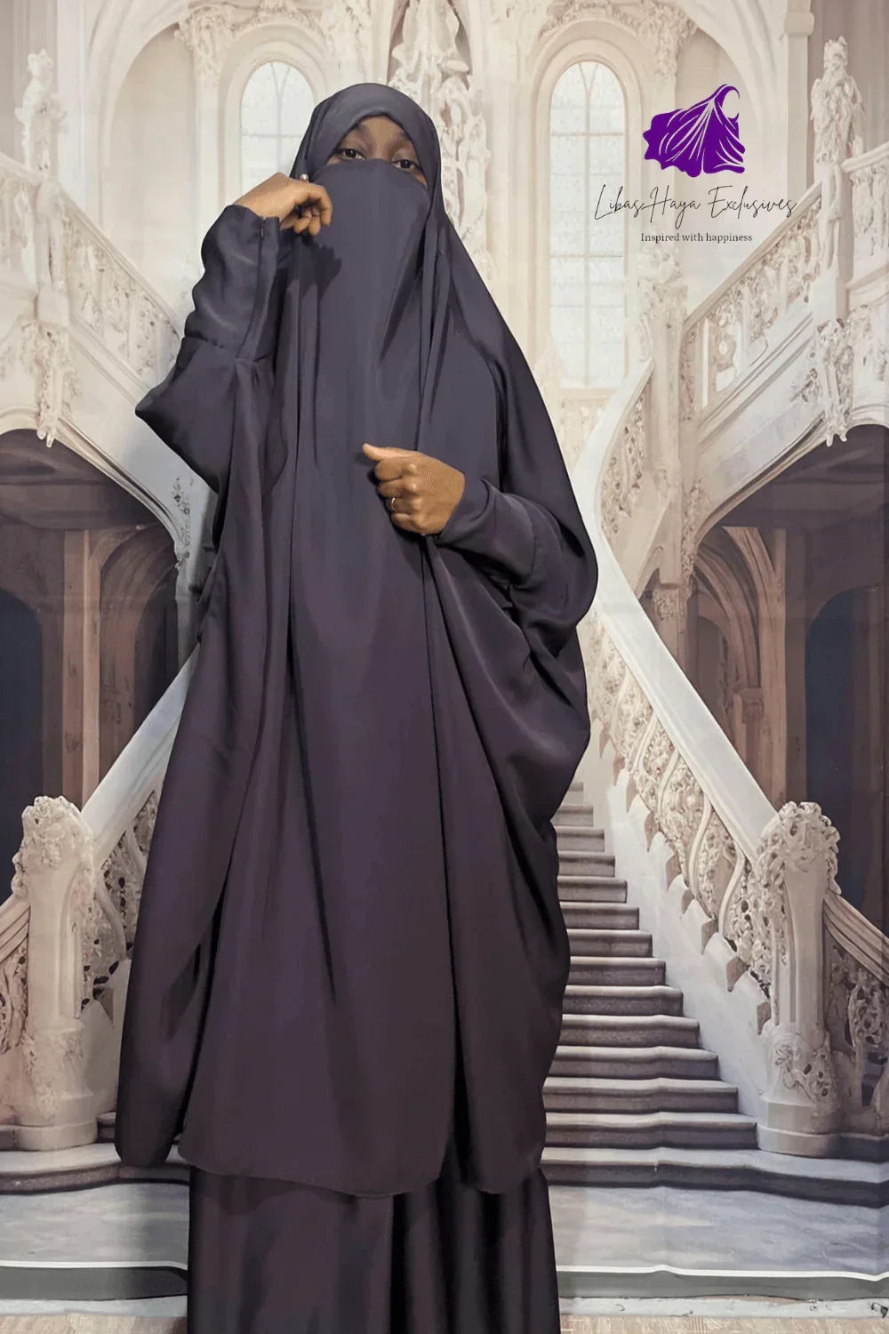 Jilbab, 2 Piece jilbab with Zipper Sleeves, French Jilbab with Skirt-Dark Lilac (Ships To South America) - Libas-Haya Exclusives