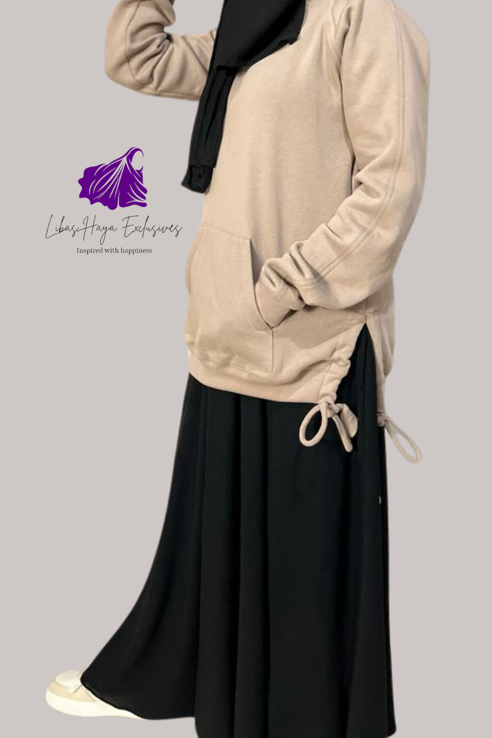 oversized oat hoodie with pocket and draw string side view