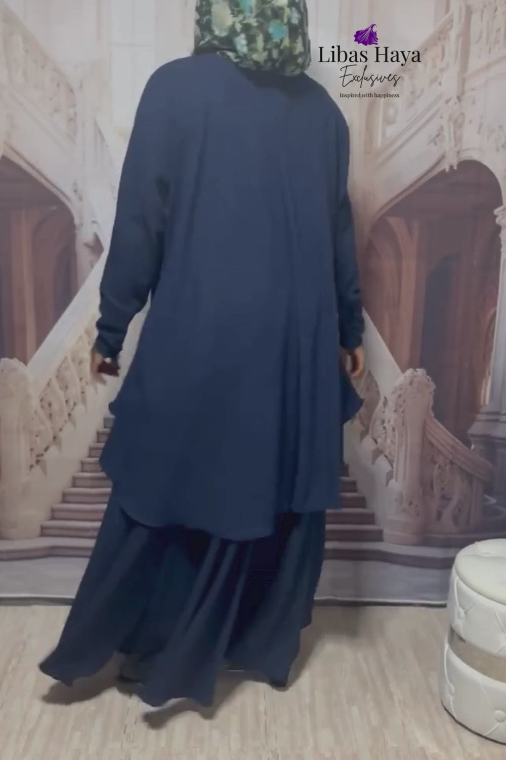 Hiba Modest Blouse Flowy Layered Tunic Navy