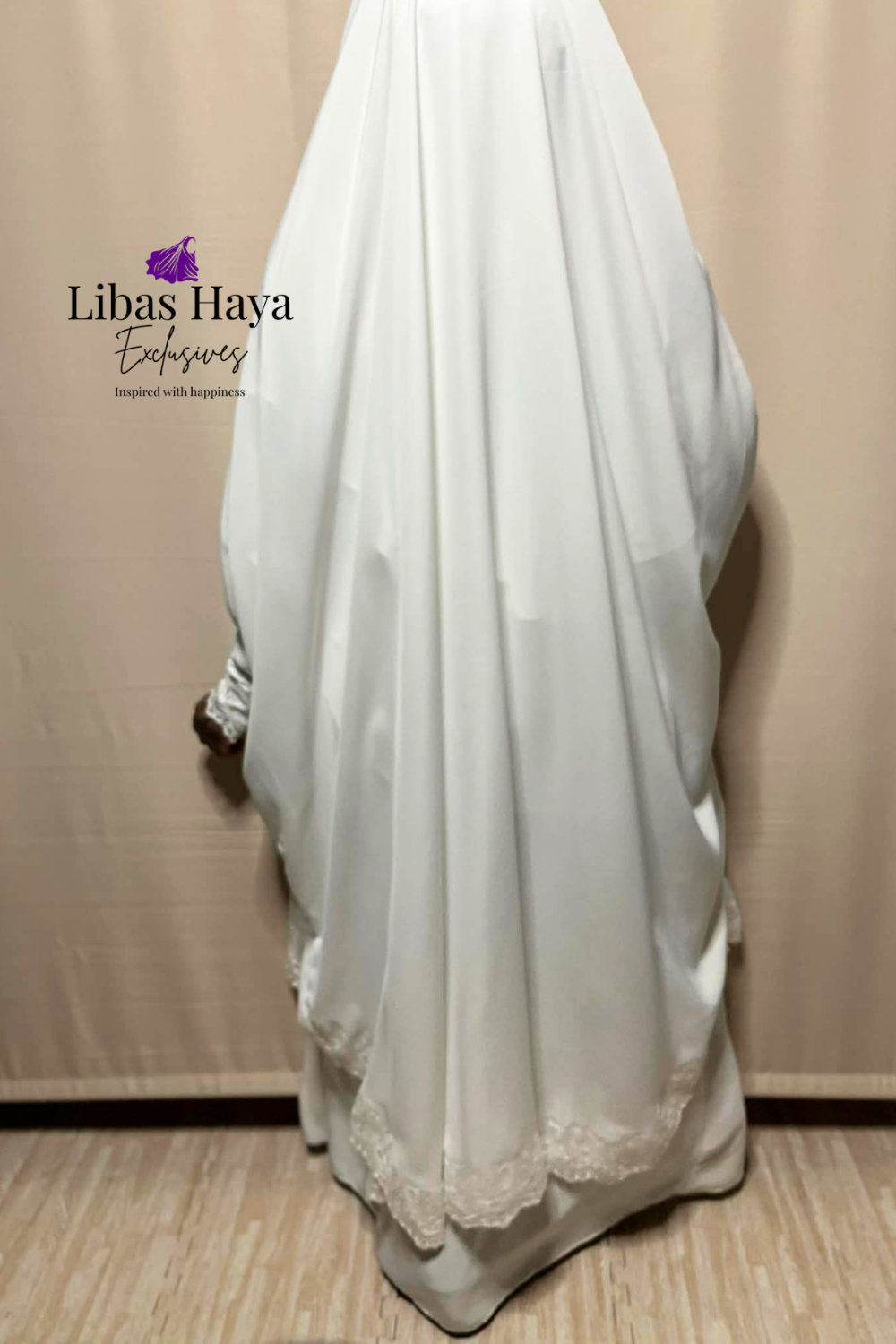 libas haya exclusives white lace two piece jilbab back
