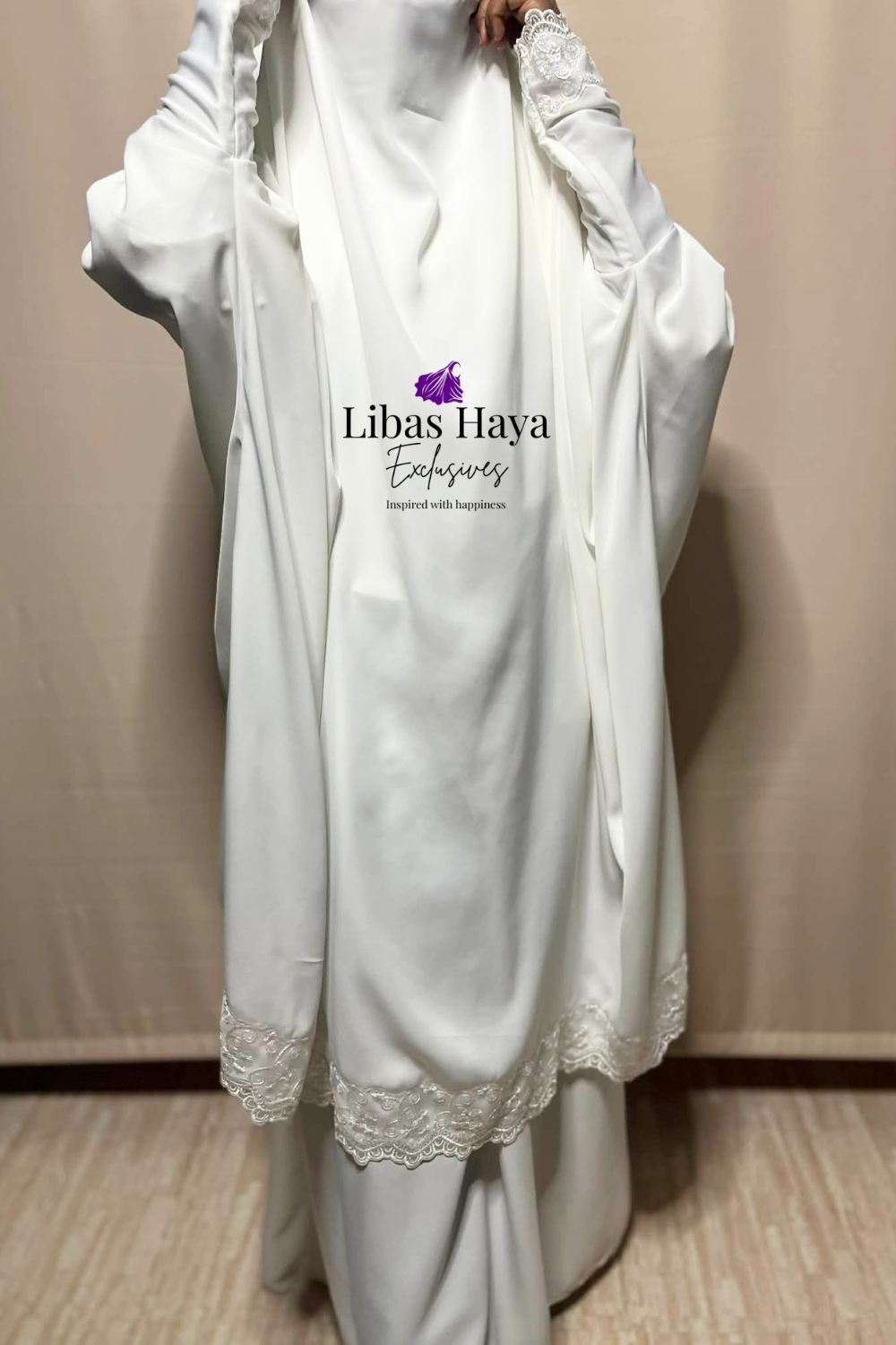 white jilbab with lace two piece set