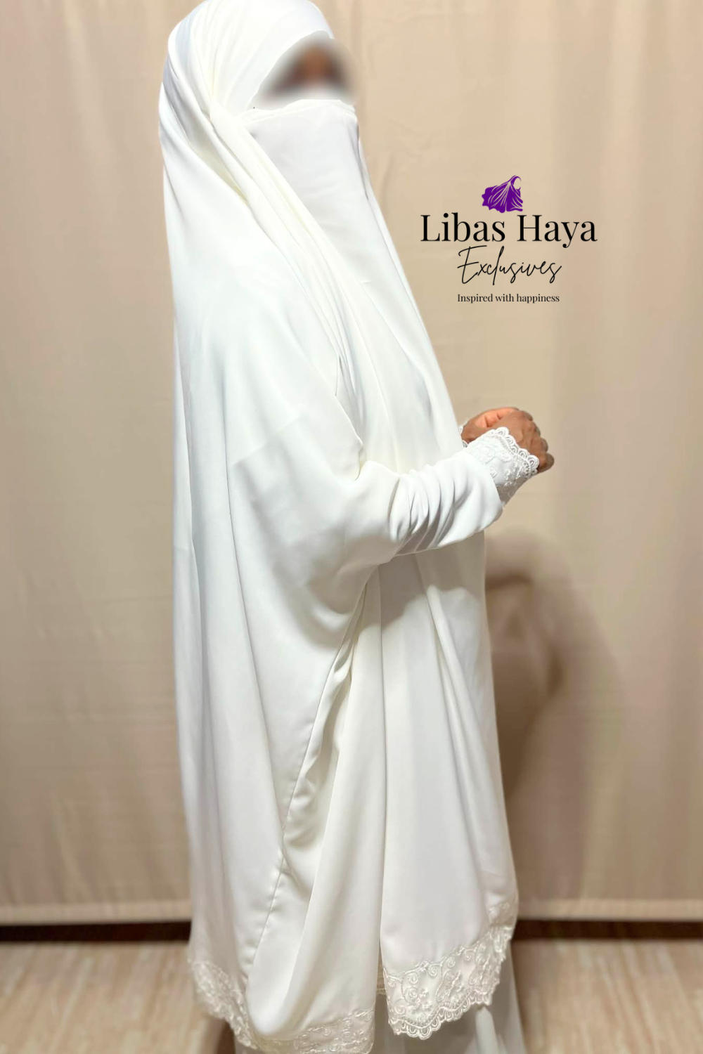 libas haya exclusives white two piece jilbab with lace  side view