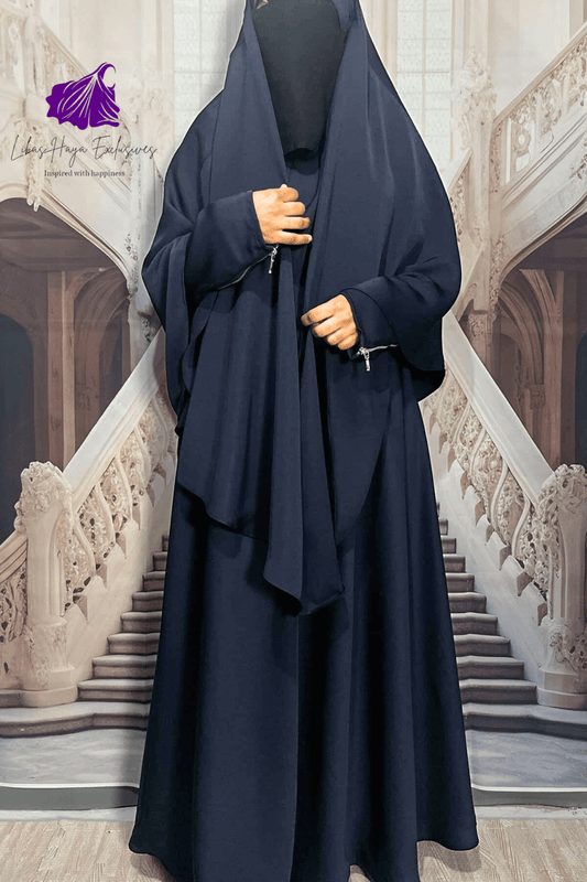 Abaya-2 Piece Abaya & Khimar Set, Zainab Abaya & khimar set with zipper sleeves-Dark Blue