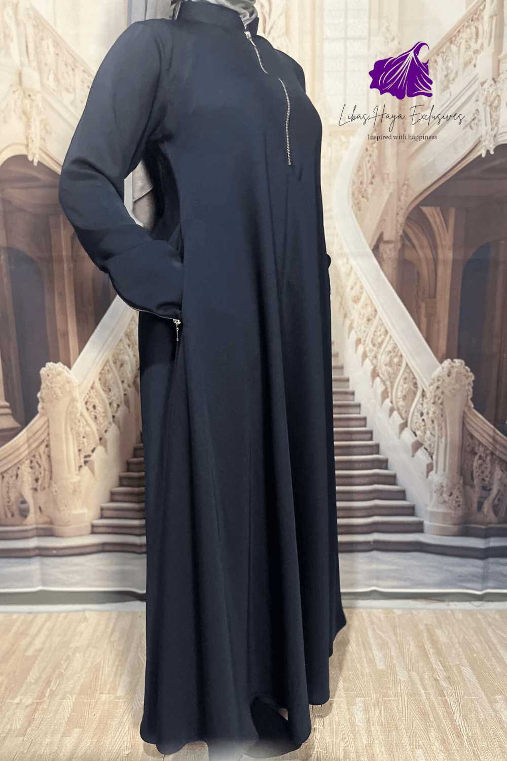 Abaya-2 Piece Abaya & Khimar Set, Zainab Abaya & khimar set with zipper sleeves-Dark Blue