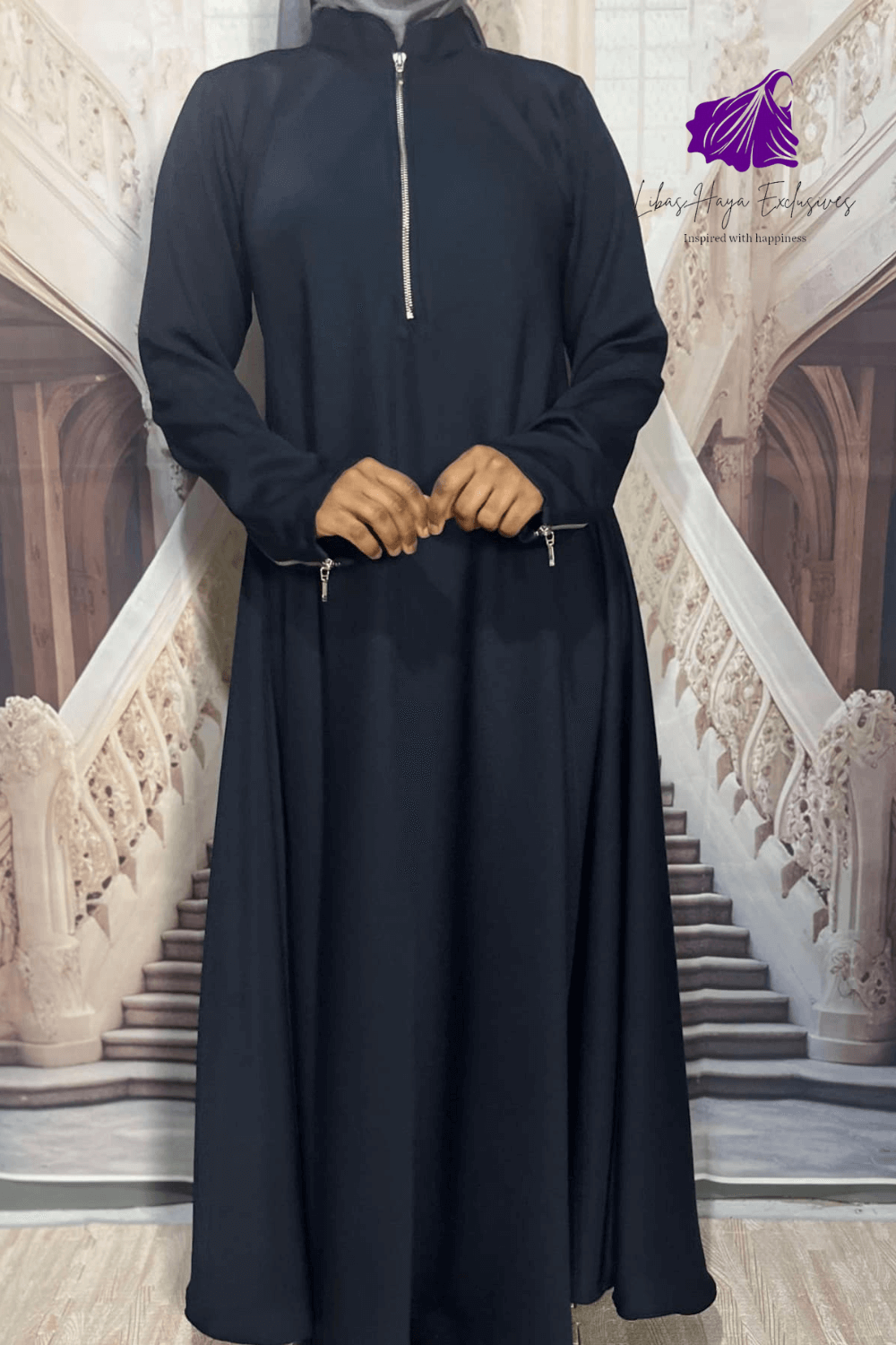 Abaya-2 Piece Abaya & Khimar Set, Zainab Abaya & khimar set with zipper sleeves-Dark Blue