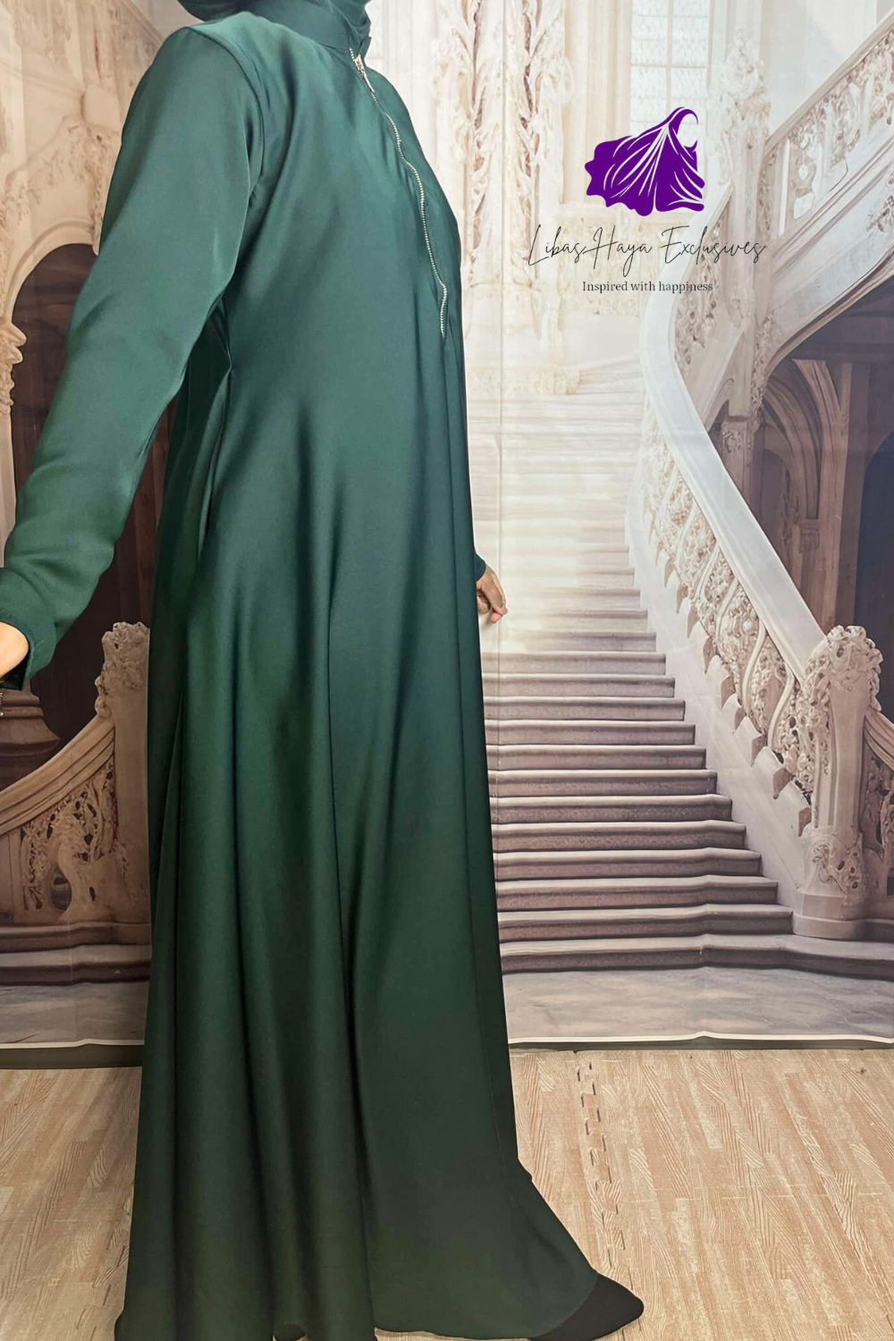 Abaya-2 Piece Abaya & Khimar Set, Zainab Abaya & khimar set with zipper sleeves-Emerald