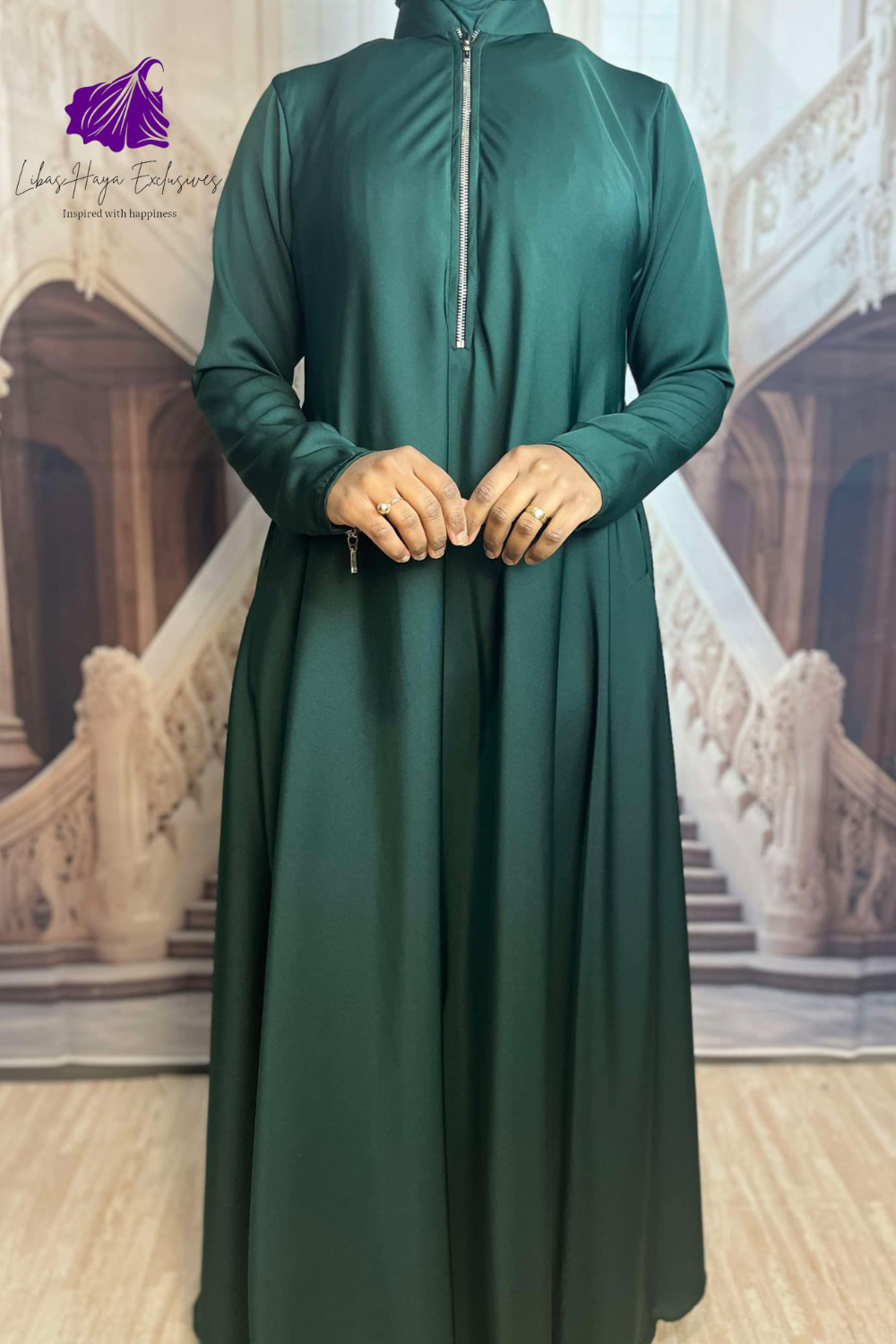 Abaya-2 Piece Abaya & Khimar Set, Zainab Abaya & khimar set with zipper sleeves-Emerald