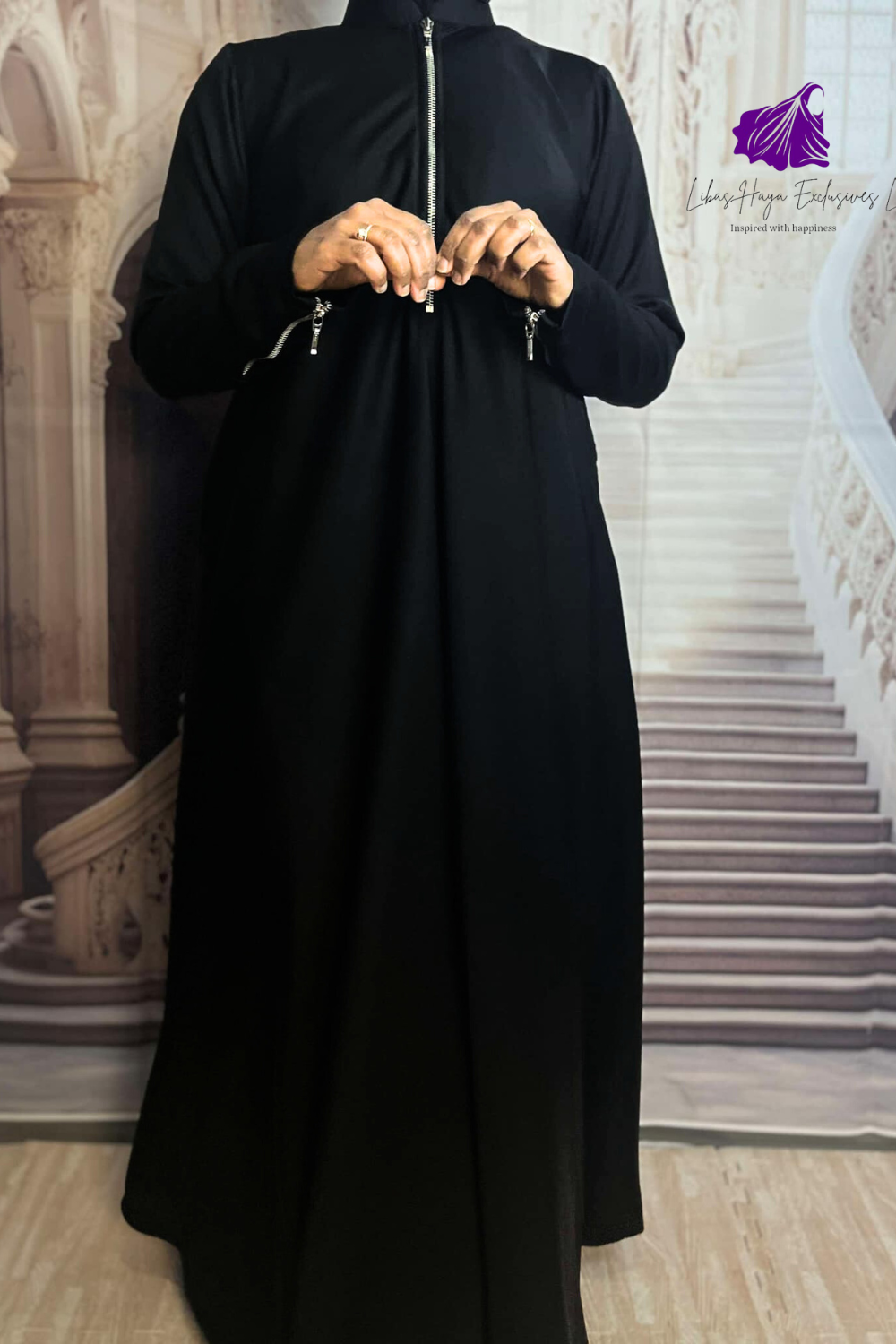 Abaya-2 Piece Abaya & Khimar Set, Zainab Abaya & khimar set with zipper sleeves-Black