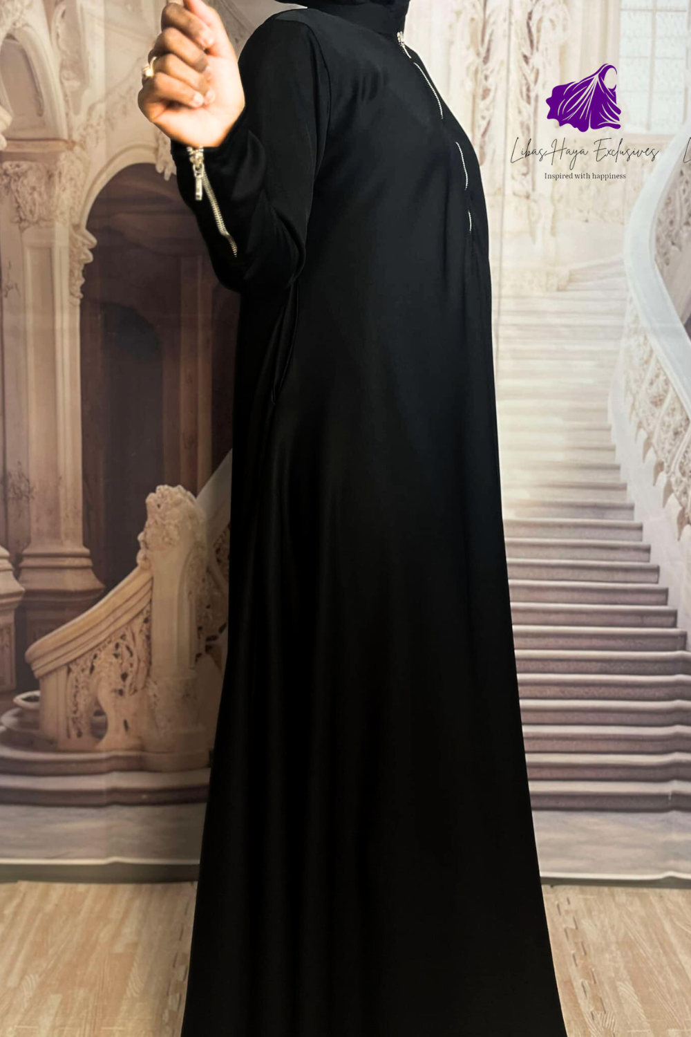 Abaya-2 Piece Abaya & Khimar Set, Zainab Abaya & khimar set with zipper sleeves-Black