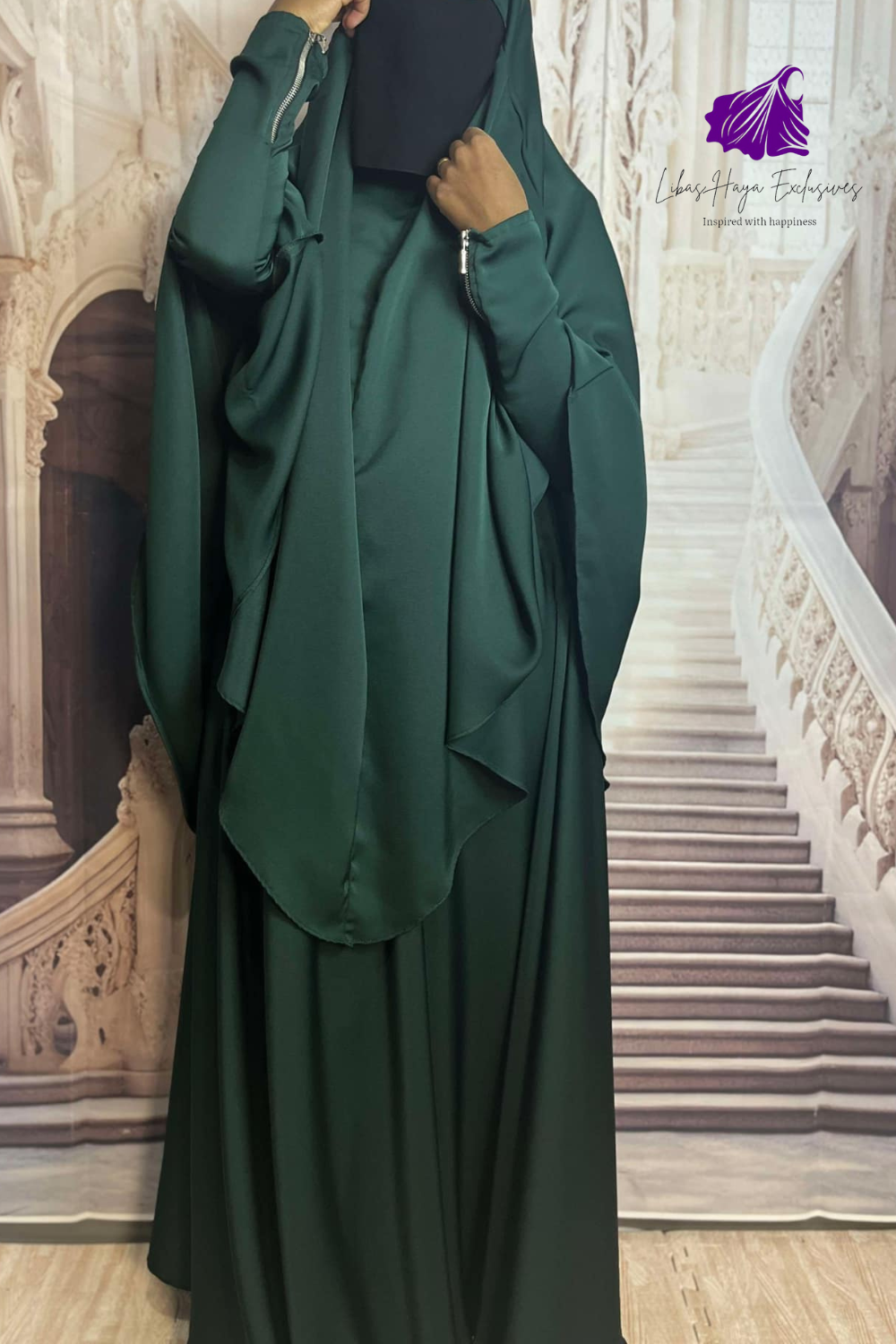 Abaya-2 Piece Abaya & Khimar Set, Zainab Abaya & khimar set with zipper sleeves-Emerald